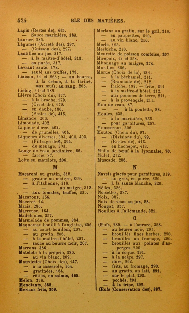 Lapin (Restes de), 415. — Sauce marinière, 183. Laurier, 285. . Légumes (Acreté des), Î97. — (Cuisson des), 297. Lentilles au jus, 317. — à la raaitre-d’hôtel, 318. — en purée, 317. 'Levraut sauté, 178. — sauté au» truffes, 178. Liaison, 11 et 265; — au beurre, à la crème, à la farine, aux œufs, au sang, 265. Liebig, 11 et 285. Lièvre (Choix du), 177. — à la broche, 179. — (Civet de), 179. — en daube, 180. — (Pestes de), 415. Limande, 206. Limonade, 402. Liqueur dorée, 403. — de prunelles, 404. Liqueurs diverses, 393, 402, 403. — (Filtrage ded), 394. — de ménage, 393. Longe de veau jardinière, 86. — farcie, 87. Lotte en matelote, 206. M Macaroni au gratin, 318. — gratiné au maigre, 319. — a l’italienne, 318. — — au maigre, 318. , — aux tomates, truffes, 335. Macarons, 356. Macérer, 12. Macis, 286. Macreuse, 164. Madeleines, 357. Marmelade de pommes, 384. Maquereau bouilli à l'anglaise, 206. — au court-bouillon, 207. — au gratin, 206. — à la maitre-d'hôtel, 207. — sauce au beurre noir, 207. Marrons, 386. Matelote à la proprio, 280. — au vin blanc, 209. Mauviettes (Choix des), 147. — à la casserole, 164. . — gratinées, 164. — rôties, en salmis, 185. Melon, 278. Mendiants, 388. Merlans frits, 209. Merlans au gratin, sur le gril, île. — en paupiettes, 210. — au vin blanc, 210. Merle. 165. Merluche, 210. Meurette de poisson comtoise, Î07 Mirepoix, 13 et 258. Mitounage au maigre, 274. Morilles, 306. Morue (Choix de la), 211. — à la béchamel, 211. — (Brandade de), 212. — fraîche, 198. — frite, 211 — à la maitre-d’hôtel, 212. — aux pommes de terre, 211, — à la provençale, 211. Mou de veau, 87. — — à la poulette, 88. Moules, 235. — à la marinière, 235. — pour garnitures, 267. Mousserons, 306. Mouton (Choix dul, 97. — (Divisions du), 99. — (Restes de), 413. — en hochepot, 413. Mufle de bœuf à la lyonnaise, 70. Mulet, 212. Muscade, 286. N Navets glacés pour garnitures, 319. — au gras, en purée, 320. — à la sauce blanche, 320. Nèfles, 386. Noisettes, 387. Noix, 387. Noix de veau au jus, 88. Nougat, 357. Nouilles à l’allemande, 321. 0 Œufs, 289. — à l’aurore, 358. — au beurre noir, 291. — brouillés fines herbes, 290. — brouillés au fromage, 290. — brouilles aux pointes d’as- perges, 290. — à fa coque, 291. — à la neige, 297. — durs, 292. — frits, au fromage, Î90. — au gratin, au lait, 291. — sur le plat, 293. — pochés, 293. — à la tripe, 292. Œufs (Conservation des), 387.