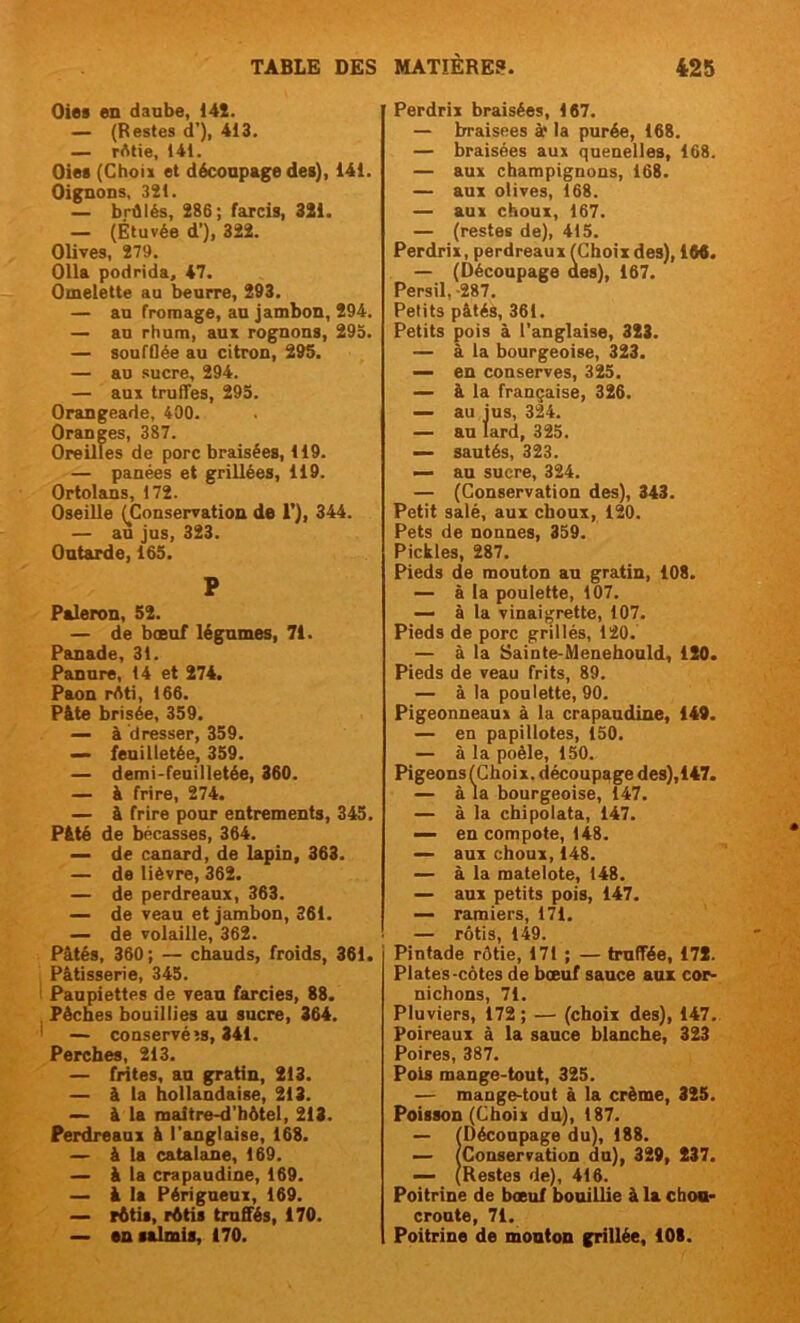 Oies en daube, 141. — (Restes d’), 413. — rôtie, 141. Oies (Choix et découpage des), 141. Oignons, 311. — brûlés, 186; farcis, 321. — (Étuvée d’), 322. Olives, 279. Olla podrida, 47. Omelette au beurre, 293. — au fromage, au jambon, 294. — au rhum, aux rognons, 295. — soufflée au citron, 295. — au sucre, 294. — aux truffes, 295. Orangeade, 400. Oranges, 387. Oreilles de porc braisées, 119. — panées et grillées, 119. Ortolans, 172. Oseille (Conservation de 1'), 344. — au jus, 323. Outarde, 165. P Paleron, 52. — de bœuf légumes, 71. Panade, 31. Panure, 14 et 274. Paon rôti, 166. Pâte brisée, 359. — à dresser, 359. — feuilletée, 359. — demi-feuilletée, 360. — à frire, 274. — à frire pour entrements, 345. Pâté de bécasses, 364. — de canard, de lapin, 363. — de lièvre, 362. — de perdreaux, 363. — de veau et jambon, 361. — de volaille, 362. Pâtés, 360; — chauds, froids, 361. Pâtisserie, 345. Paupiettes de veau farcies, 88. Pêches bouillies au sucre, 364. — conservéîs, 341. Perches, 213. — frites, au gratin, 213. — à la hollandaise, 213. — à la maître-d’hôtel, 213. Perdreaux à l’anglaise, 168. — à la catalane, 169. — à la crapaudine, 169. — à la Périgueux, 169. — rôtis, rôtis truffés, 170. — en salmis, 170. Perdrix braisées, 167. — braisées à' la purée, 168. — braisées aux quenelles, 168. — aux champignons, 168. — aux olives, 168. — aux choux, 167. — (restes de), 415. Perdrix, perdreaux fChoix des), 166. — (Découpage des), 167. Persil, -287. Petits pâtés, 361. Petits pois à l’anglaise, 323. — à la bourgeoise, 323. — en conserves, 325. — à la française, 326. — au jus, 324. — au lard, 325. — sautés, 323. — au sucre, 324. — (Conservation des), 343. Petit salé, aux choux, 120. Pets de nonnes, 359. Pickles, 287. Pieds de mouton au gratin, 108. — à la poulette, 107. — à la vinaigrette, 107. Pieds de porc grillés, 120. — à la Sainte-Menehould, 120. Pieds de veau frits, 89. — à la poulette, 90. Pigeonneaux à la crapaudine, 149. — en papillotes, 150. — à la poêle, 150. Pigeons!Choix, découpage des),147. — à la bourgeoise, 147. — à la chipolata, 147. — en compote, 148. — aux choux, 148. — à la matelote, 148. — aux petits pois, 147. — ramiers, 171. — rôtis, 149. Pintade rôtie, 171 ; — truffée, 172. Plates-côtes de bœuf sauce aux cor- nichons, 71. Pluviers, 172 ; — (choii des), 147. Poireaux à la sauce blanche, 323 Poires, 387. Pois mange-tout, 325. — mange-tout à la crème, 325. Poisson (Choix du), 187. — (Découpage du), 188. — (Conservation du), 329, 237. — (Restes de), 416. Poitrine de bœuf bouillie à la chou- croute, 71. Poitrine de mouton grillée, 108.