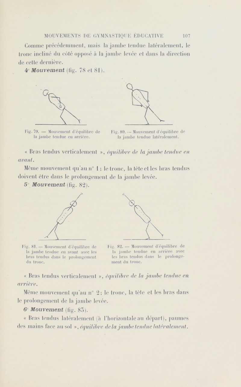 (ioiiiiiK'mais la j; h'oiic iiiHiiiâ (lu r('tl('‘ o|»(»()S(’‘ à la jamla (h; (•('ll(' (l(M'iii(M‘('. 4'- Mouvement (lij;-. 7(S cl (SI ). I(‘ii(lii(‘ lalcral(Mii(*iil, N* l(‘V(‘(' cl dans la diia'clioii rijj:. 7i). — M()iiv('meiil (r(Mniilil)ro de la jambe (emJue en ari‘i(''re. Fij’'. SI). ■— Mouvement d é(|nilil)re de la jambe lendiie laléralemenl. « liras Iciulus vcrlicahMiuml », i’<iniHbrc de Ja jambe tendue en avant. Mtaiic iiioiivtMiiciil (lu’au ii I ; h' (rom*, la ItMccI l(‘s Itias l(‘mlus (loivcnl (^‘Irc dans le proloiiocmciil d(‘ la jambe levée. 5' Mouvement St2). Fi^^ SI.— MonvciiK'nl (F(’([iiilibi'e de la jambe lendne on avant avec les bi’as tendus dans le proloniîomenl dn tronc. Fiu. S'i. — Monvement d é(jnilibro de la jaiid.e tondue en airii'n-e avec les bras tendus dans le [trolon^e- menl dn tronc. « Bras ItMidtis vt'rlietdtMiieiil », étinUibre de la jand)e tendue en arrière. MètiK' moiiv(Mii('iil (jii ati ii '2: b' Irone, la l(''b' el b'S liras dans l(‘ |)r(d(mgenienl d(‘ la jambe levée. 6' Mouvement (lio-. ,sr>). « bi îts lendns lalérab'imml (à riiorizonlttb'an dé|>arl), itanim's d(‘s mains la(*e an sol y>. (ujuilibre delà jambe teiidue latéralement.