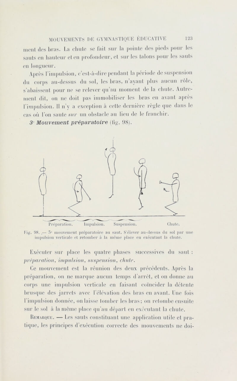 iiii'iil (l(‘s l)i;is. l.a clml(‘ s(‘ lail sur la |»()iiil(‘ d(‘s |)i(‘ds poiii- les saids (Ml haiiU'ur (M (mi piol'oiKhuir, (d sur l(‘s (aloiis |K)ur l(‘s saiils ('Il loii^iK'iir. A[)f('S riiii|mlsion, (*’('sl-à-dirr |)(*iidaiil la |)('i-iod(' di* siisjK'iisioii du corps au-dessus du sid, les liras, u’ayaul jdus aucun rol(‘, s’aliaisseul pour ue se relever ipi’au iiioiueul d(‘ la cliiile. Aiilre- iiieiil dil, ou ue doil pas iiiimoliiliser les liras eu avaul apivs l’impulsiou. Il u’y a e.vcepliou à c('(li' deiaiière iv^le (jue dans le cas où l’on sailli' siu‘ un olislacle au lieu de le (Vaiicliir. 3 Mouvement préparatoire (li^. llcS). rirparalioii. iiiipulsioii. Sus|)eiisioii. Cliulo. l'ig. !)(S. .— 3“ iiioiivc'iiK'iil, préparaloiro an saut. S’élever all-(le^^sus du sol i*ar une iiiipulsioii verticale et retoiiiber à la même place en exéculanl la cimle. KxéciiU'r sur place les (piaire |iliasi's successives du saiil : prcjxu'üHon, impulsion, suspensiou, chule. Ce luoiivi'iiieiil est la réiiuioii des di'iix précédi'iils. Après la préparalioii, ou ue luanpie aiiciiu leiiijis d'arriM, el ou doiiiie au corps nue iiupulsion verlii'ali' l'u faisaul coïncider la déleiile liriisipie des jam'Is avi'c réh'valioii des liras l'ii avaiü. l ue lois riiiipulsiou doiuiée, ou laissi' loiiilier les liras; ou ri'loiiilie l'iisuile sur II' sol à lauièiiie jilace iiii’aii déparl l'ii ('xcciilaul la cliule. llrMAiKjiJi:. — Les saiils coiisliliiaul iiiii' applicaliou iilile el pra- liijiie, les iiriiicipes d’exéeulioii eorrecle des iiioiiveineuls ue (loi-
