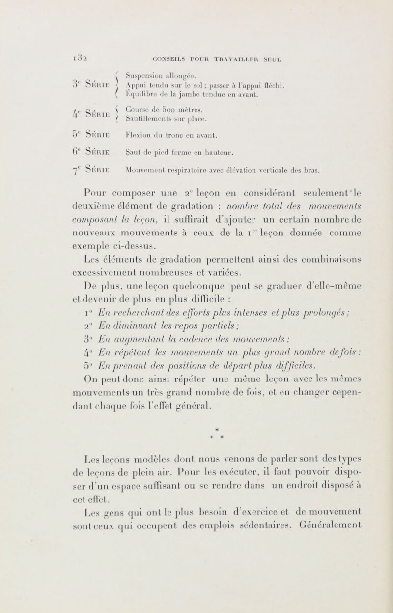 3*’ Série Suspension allongée. V|)[)iii tendu sur le sol ; j)asser à l’appui lléclii. l'i(piilibre de la jambe tendue en avant. V' Série Course de 5oo mètres. Sautillements sur place. ^1* ' O OKUIE O* Série Série Flexion du tronc en avant. Saut de pied ferme en bauteur. Mouvement respiratoire avec élévation verticale des bras. Pour composer une 2*’ leçon en coiisidéranl seiilcmcntMe deuxième élément de gradation : nombre total des mouvements composant ta leçon, il sidïlrait d’ajouter un eertain nombre de nouveaux mouvements à ceux de la i leçon donnée comme exemple ei-dessus. Les éléments de gradation permellent ainsi des combinaisons excessivement nombreuses et variées. De plus, une leçon cpielconque peut se graduer d’ellc-mcme et devenir de jiliis en plus dllTîcile : I 7v/i recherchant des e[forts plus intenses et plus prolomjés : 2 En diminuant les repos partiels; 3 En aufjmeidant la cadence des mouvements : 4 En répétant les mouvements un plus (jrand nombre de fois : 5 En prenant des positions de départ plus difficiles. On [leutdonc ainsi répéter une meme leçon avec les mêmes mouvements un très grand nomlire de fols, et en ebanger cepen- dant cbaijue lois rdlet général. * * * Les leçons modèles dont nous venons de parler sont des types de leçons de plein air. Pour les exécuter, il laut pouvoir dispo- ser d’un espace siilTlsant ou se rendre dans un endroit disposé à cet ellet. l.ics gens (|ul ont le plus besoin d’exercice et de mou\ement sont ceux ([ul occupent des emplois sédentaires. Généralement