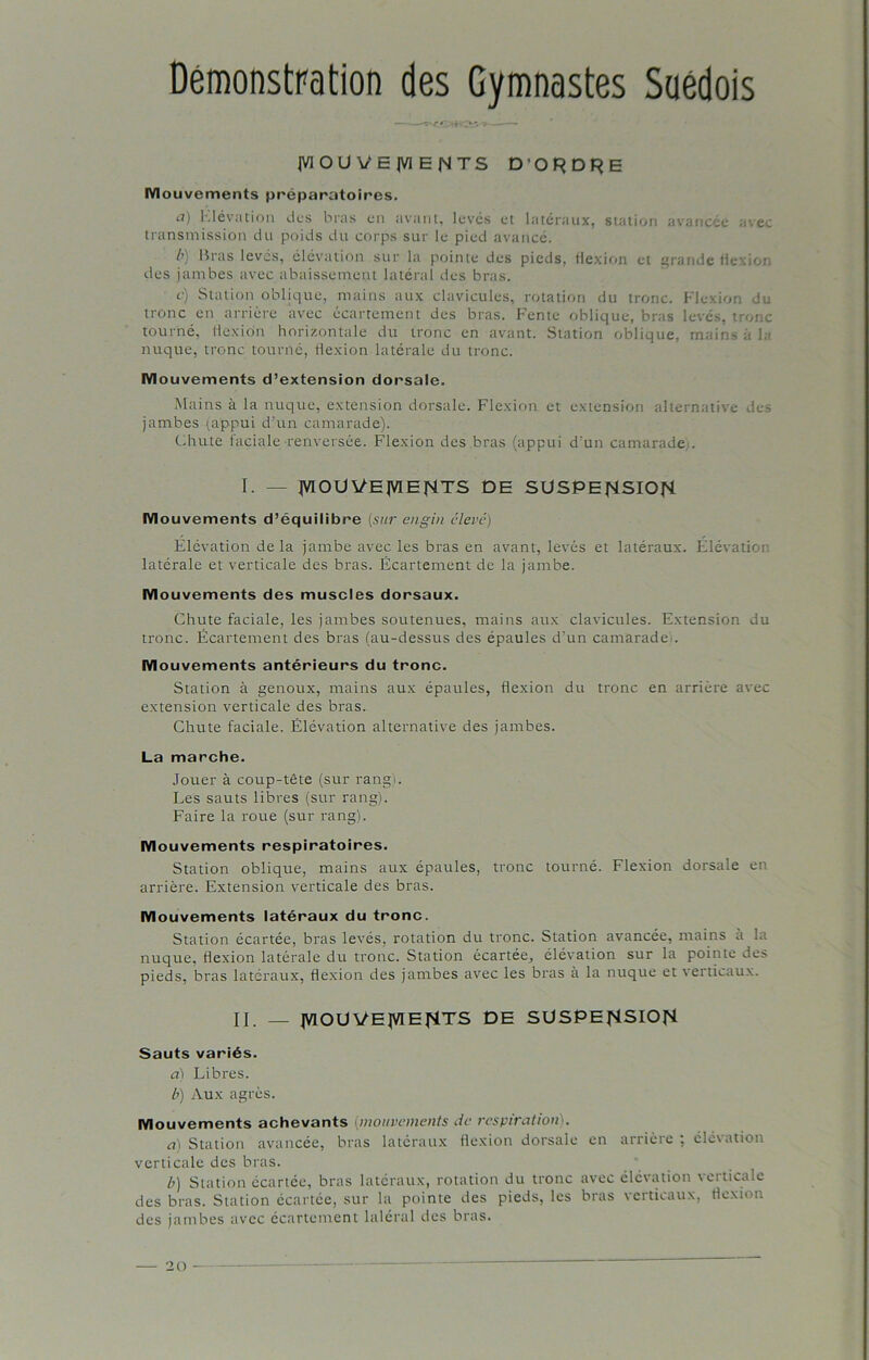 Démonstration des Gymnastes Suédois JVIOU VE JV1 ENTS D’ORDRE IVIouvements préparatoires. a) Elévation des bras en avant, levés et latéraux, station avancée avec transmission du poids du corps sur le pied avancé. />) Bras levés, élévation sur la pointe des pieds, flexion et grande flexion des jambes avec abaissement latéral des bras. e) Station oblique, mains aux clavicules, rotation du tronc. Flexion du tronc en arrière avec écartement des bras. Fente oblique, bras levés, tronc tourné, flexion horizontale du tronc en avant. Station oblique, mains à la nuque, tronc tourné, flexion latérale du tronc. IVIouvements d’extension dorsale. Mains à la nuque, extension dorsale. Flexion et extension alternative des jambes (appui d’un camarade). Chute faciale renversée. Flexion des bras (appui d'un camarade . I. — JVIOUVEJVIEJNlTS DE SUSPENSION Mouvements d’équilibre (sur engin élevé) Elévation delà jambe avec les bras en avant, levés et latéraux. Elévation latérale et verticale des bras. Écartement de la jambe. Mouvements des muscles dorsaux. Chute faciale, les jambes soutenues, mains aux clavicules. Extension du tronc. Écartement des bras (au-dessus des épaules d’un camaradei. Mouvements antérieurs du tronc. Station à genoux, mains aux épaules, flexion du tronc en arrière avec extension verticale des bras. Chute faciale. Élévation alternative des jambes. La marche. Jouer à coup-tête (sur rang). Les sauts libres (sur rang). Faire la roue (sur rang). Mouvements respiratoires. Station oblique, mains aux épaules, tronc tourné. Flexion dorsale en arrière. Extension verticale des bras. Mouvements latéraux du tronc. Station écartée, bras levés, rotation du tronc. Station avancée, mains a la nuque, flexion latérale du tronc. Station écartée, élévation sur la pointe des pieds, bras latéraux, flexion des jambes avec les bras à la nuque et verticaux. II. _ JVIOUVEJVIENTS DE SUSPENSION Sauts variés. Libres. b) Aux agrès. Mouvements achevants (mouvements de respirationh a) Station avancée, bras latéraux flexion dorsale en arrière ; élévation verticale des bras. b) Station écartée, bras latéraux, rotation du tronc avec élévation verticale des bras. Station écartée, sur la pointe des pieds, les bras verticaux, flexion des jambes avec écartement laléral des bras.