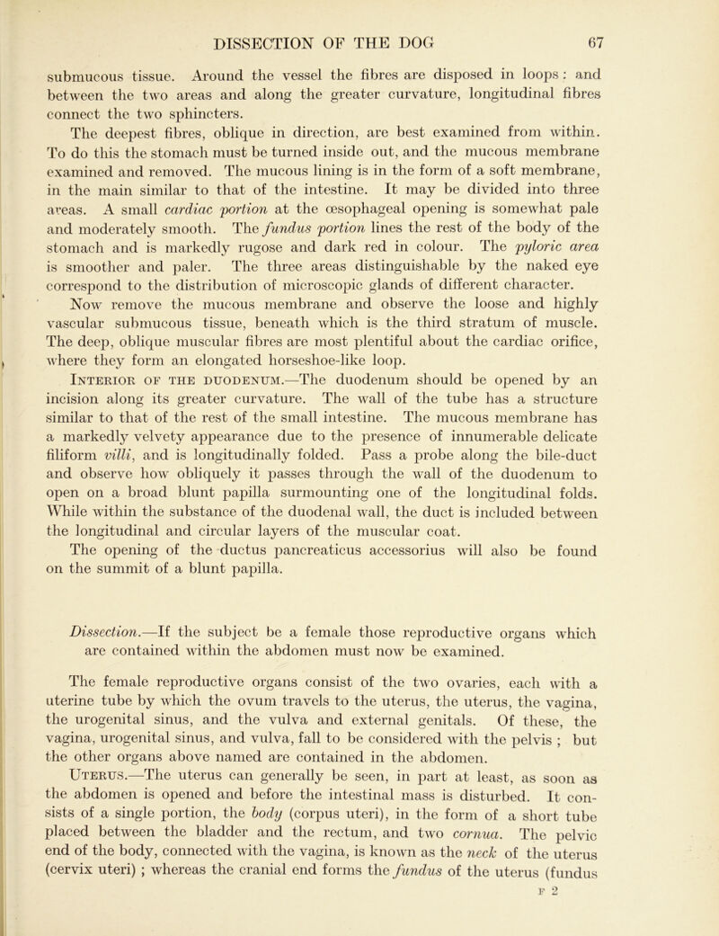 submucous tissue. Around the vessel the fibres are disposed in loops : and between the two areas and along the greater curvature, longitudinal fibres connect the two sphincters. The deepest fibres, oblique in direction, are best examined from within. To do this the stomach must be turned inside out, and the mucous membrane examined and removed. The mucous lining is in the form of a soft membrane, in the main similar to that of the intestine. It may be divided into three areas. A small cardiac 'portion at the oesophageal opening is somewhat pale and moderately smooth. The fundus portion lines the rest of the body of the stomach and is markedly rugose and dark red in colour. The pyloric area is smoother and paler. The three areas distinguishable by the naked eye correspond to the distribution of microscopic glands of different character. Now remove the mucous membrane and observe the loose and highly vascular submucous tissue, beneath which is the third stratum of muscle. The deep, oblique muscular fibres are most plentiful about the cardiac orifice, where they form an elongated horseshoe-like loop. Interior of the duodenum.—The duodenum should be opened by an incision along its greater curvature. The wall of the tube has a structure similar to that of the rest of the small intestine. The mucous membrane has a markedly velvety appearance due to the presence of innumerable delicate filiform villi, and is longitudinally folded. Pass a probe along the bile-duct and observe how obliquely it passes through the wall of the duodenum to open on a broad blunt papilla surmounting one of the longitudinal folds. While within the substance of the duodenal wall, the duct is included between the longitudinal and circular layers of the muscular coat. The opening of the ductus pancreaticus accessorius will also be found on the summit of a blunt papilla. Dissection.—If the subject be a female those reproductive organs which are contained within the abdomen must now be examined. The female reproductive organs consist of the two ovaries, each with a uterine tube by which the ovum travels to the uterus, the uterus, the vagina, the urogenital sinus, and the vulva and external genitals. Of these, the vagina, urogenital sinus, and vulva, fall to be considered with the pelvis ; but the other organs above named are contained in the abdomen. Uterus.—The uterus can generally be seen, in part at least, as soon aa the abdomen is opened and before the intestinal mass is disturbed. It con- sists of a single portion, the body (corpus uteri), in the form of a short tube placed between the bladder and the rectum, and two cornua. The pelvic end of the body, connected Avith the vagina, is knoAvn as the neck of the uterus (cervix uteri) ; whereas the cranial end forms the fundus of the uterus (fundus