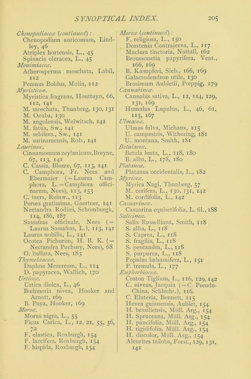 Chevopodiacea; {continued): Chenopodium auricomum, Lind- ley, 46 Atriplex hortensis, L., 45 Spinacia oleracea, L., 45 Monimiacece. Atherosperma moschata, Labil, 112 Peunius Boldus, Molin, 112 Myristicecc. Myristica fragrans, Ilouttuyn, 66, 112, 141 M. moschata, Thunberg, 130, 131 M. Ocuba, 130 M. angolensis, Welwitsch, 141 M. fatua, Sw., 141 M. sebifera., Sw., 141 M. surinamensis, Rob., 141 Latirineci. Cinnamomum zeyIanicum,Breyne, 67, 113, 141 C. Cassia, Blume, 67, 113, 141 C. Camphora, Fr. Nees and Ebermaier (= Laurus Cam- phora, L.= Camphora offici- narum, Nees), 113, 153 C. iners, Reinw., 113 Persea gratissima, Gaertner, 141 Nectandra Rodiaei, Schomburgk, 114, 186, 187 Sassafras officinale, Nees ( = Laurus Sassafras, L.), 113, 141 Laurus nohilis, L., 141 Ocotea Pichurim, II. B. K. ( = Nectandra Puchury, Nees), 68 O. bullata, Nees, 183 Thyineheacem. Daphne Mezereum, L., 114 D. papyracea, Wallich, 170 UrticecE. Urtica dioica, L., 46 Boehmeria nivea. Hooker and Arnott, 169 B. Puya, Hooker, 169 MorecE. iMorus nigra, L., 55 Ficus Carica, L., 12, 21, 55, 56, 72 F. elastica, Roxburgh, 154 F. laccifera, Roxburgh, 154 F. hispida, Roxburgh, 154 MorecE {continued): F. religiosa, L., 150 Dorstenia Contrajerva, L., 117 Madura tinctoria, Nuttall, 162 Broussonetia papyrifera. Vent., 166, 169 B. Ksempferi, Sieb., 166, 169 Galactodendron utile, 130 Brosimum Aubletii, Poeppig, 179 CannalnnecE. Cannabis sativa, L., 12, 114, 129, 131, 169 Humulus Lupulus, L., 46, 61, 115. 167 UlmacEcE. Ulmus fulva, Michaux, 115 U. campestris. Withering, i8l U. montana. Smith, 181 BehilacecE. Betula lenta, L., 118, 180 B. alba, L., 178, 180 PlatanecE. Platanus occidentalis, L., 182 PlyricecE. Myrica Nagi, Thunberg, 57 M. cerifera, L., 130, 131, 142 M. cordifolia, L., 142 CasuarinecE. Casuarina equisetifolia, L. fib, 1S8 SalicinecE. Salix Russelliana, Smith, 118 S. alba, L., 118 S. Caprea, L., 118 S. fragilis, L., 118 .S. pentandra, L., 118 S. purpurea, L., 118 Populus balsamifera, L., 151 P. tremula, L., 177 EuphorbiacecE. Croton Tiglium, L., 116, 129, 142 C. niveus, Jacquin ( = C. Pseudo- China, .Schlecht.), 116. C. Eluteria, Bennett, 115 Hevea guianensis, Aublet, 154 H. brasiliensis. Mull. Arg., 154 H. Spruceana, Miill. Arg., 154 II. paucifolia, Miill. Arg., 154 II. rigidifolia, Mull. Arg., 154 II. discolor, Miill. Arg., 154 Aleurites triloba. Foist., 129, 131, 141