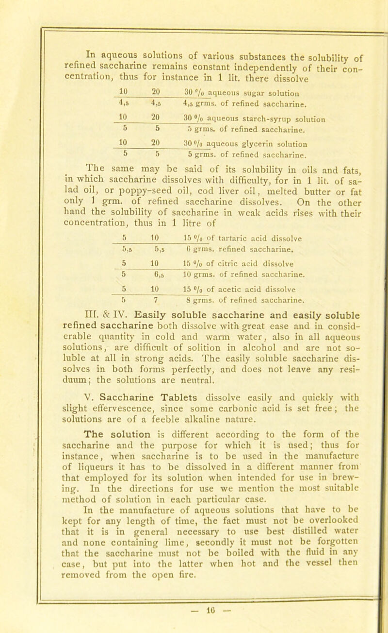 In aqueous solutions of various substances the solubility of refined saccharine remains constant independently of their con- centration, thus for instance in 1 lit. there dissolve 10 20 30 '/„ aqueous sugar solution 4,5 4,5 4,5 grms. of refined saccharine. 10 20 30 °/o aqueous starch-syrup solution 5 5 5 grms. of refined saccharine. 10 20 30 % aqueous glycerin solution 5 5 5 grms. of refined saccharine. The same may be said of its solubility in oils and fats, in which saccharine dissolves with difficulty, for in 1 lit. of sa- lad oil, or poppy-seed oil, cod liver oil, melted butter or fat only 1 grin, of refined saccharine dissolves. On the other hand the solubility of saccharine in weak acids rises with their concentration, thus in 1 litre of 5 10 15% of tartaric acid dissolve 5,5 5,5 0 grms. refined saccharine. 5 10 15 % of citric acid dissolve 5 0,5 10 grms. of refined saccharine. 5 10 15 % of acetic acid dissolve 5 7 8 grms. of refined saccharine. III. & IV. Easily soluble saccharine and easily soluble refined saccharine both dissolve with great ease and in consid- erable quantity in cold and warm water, also in all aqueous solutions, are difficult of solition in alcohol and are not so- luble at all in strong acids. The easily soluble saccharine dis- solves in both forms perfectly, and does not leave any resi- duum; the solutions are neutral. V. Saccharine Tablets dissolve easily and quickly with slight effervescence, since some carbonic acid is set free; the solutions are of a feeble alkaline nature. The solution is different according to the form of the saccharine and the purpose for which it is used; thus for instance, when saccharine is to be used in the manufacture of liqueurs it has to be dissolved in a different manner from that employed for its solution when intended for use in brew- ing. In the directions for use we mention the most suitable method of solution in each particular case. In the manufacture of aqueous solutions that have to be kept for any length of time, the fact must not be overlooked that it is in general necessary to use best distilled water and none containing lime, secondly it must not be forgotten that the saccharine must not be boiled with the fluid in any case, but put into the latter when hot and the vessel then removed from the open fire.