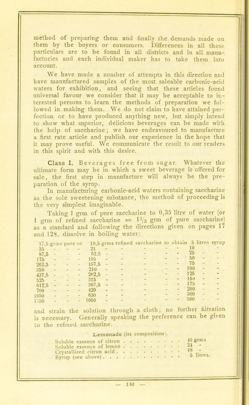 method of preparing them and finally the demands made on them by the buyers or consumers. Differences in all these particulars are to be found in all districts and in all manu- factories and each individual maker has to take them into account. We have made a number of attempts in this direction and have manufactured samples of the most saleable carbonic-acid waters for exhibition, and seeing that these articles found universal favour we consider that it may be acceptable to in- terested persons to learn the methods of preparation we fol- lowed in making them. We do not claim to have attained per- fection or to have produced anything new, but simply intend to show what superior, delicious beverages can be made with the help of saccharine; we have endeavoured to manufacture a first rate article and publish our experience in the hope that it may prove useful. We communicate the result to our readers in this spirit and with this desire. Class I. Beverages free from sugar. Whatever the ultimate form may be in which a sweet beverage is offered for sale, the first step in manufacture will always be the pre- paration of the syrup. In manufacturing carbonic-acid waters containing saccharine as the sole sweetening substance, the method of proceeding is the very simplest imaginable. Taking 1 grm of pure saccharine to 0,35 litre of water (or 1 grm of refined saccharine = 1-/3 g™ of pure saccharinej as a standard and following the directions given on pages 17 and 128, dissolve in boiling water: 17.5 grms pure or 10,5 grms refined saccharine to obtain 5 litres syrup 35 - - - 21 - 10 87.5 - - - 52,5 - - - -- 25 -- 175 - - - 105 - - - 00 - 262.5 - - - 157,5 - - - - - - 350 - - - 210 - - - - - 100 - 437.5 - - - 262,5 - - - 125 525 - - - 315 - - - - 150 - 612.5 - - - 367,5 - - - ~ ‘ ' 700 - - - 420 - - - 200 1050 - - - 630 300 - 1150 - - - 1050 - - - - 500 - and strain the solution through a cloth; no further filtration is necessary. Generally speaking the preference can be given to the refined saccharine. Lemonade (its composition'. Soluble essence of citron 10 grms Soluble essence of lemon *4 Crystallized citron acid , Syrup (sec above) 5 lures.