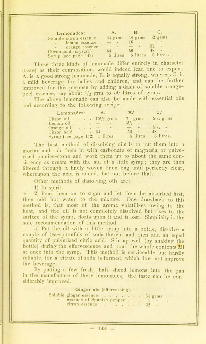 Lemonades: Soluble citron essence lemon essence orange essence Citron acid (crystal.) Syrup (see page 142) These three kinds of lemonade differ entirely in character (taste) as their compositions would indeed lead one to expect. A. is a good strong lemonade, B. is equally strong, whereas C. is a mild beverage for ladies and children, and can be further improved for this purpose by adding a dash of soluble orange- peel essence, say about '/a grm to 50 litres of syrup. The above lemonade can also be made with essential oils and according to the following recipes: Lemonades: A.' B.' C.' Citron oil . . . . 101/* Srms 7 grms 5‘/l grms Lemon oil . . . . — 3'h - — Orange oil ... — 51/4 - Citron acid . . . 64 # - 56 - <18 Syrup (see page 142) 5 litres 5 litres 5 litres. The best method of dissolving oils is to put them into a mortar and rub them in with carbonate of magnesia or pulve- rised pumice-stone and work them up to about the same con- sistency as cream with the aid of- a little syrup ; they are then filtered through a finely woven linen bag until perfectly clear, whereupon the acid is added, but not before that. Other methods of dissolving oils are: 1) In spirit. » 2) Pour them on to sugar and let them be absorbed first, then add hot water to the mixture. One drawback to this method is, that most of the aroma volatilizes owing to the heat, and the oil is not completely dissolved but rises to the surface of the syrup, floats upon it and is lost. Simplicity is the sole recommendation of this method. o) Put the oil with a little syrup into a bottle, dissolve a couple of tea-spoonfuls of soda therein and then add an equal quantity of pulverized citric acid. Stir up well (by shaking the bottle) during the effervescence and pour the whole contents 111 at once into the syrup. This method is serviceable but hardly reliable, for a citrate of soda is formed, which does not improve the beverage. By putting a few fresh, half-sliced lemons into the pan in the manufacture of these lemonades, the taste can be con- siderably improved. Ginger ale (effervescing). Soluble ginger essence (;i grms - essence of Spanish pepper ... 1 - citron essence . 32 - A. B. C. (.4 grms 48 grms 32 grms - - 16 - — - 64 - 56 - 48 - 5 litres 5 litres 5 litres.