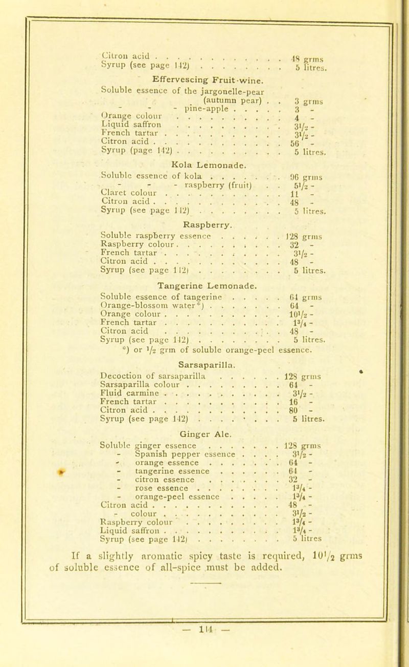 Citron acid Syrup (see page 142) . Effervescing Fruit wine. Soluble essence of the jargonelle-pear (autumn pear) . . - - pine-apple Orange colour Liquid saffron ’ French tartar Citron acid Syrup (page 142) j Kola Lemonade. Soluble essence of kola - - - raspberry (fruit) . . Claret colour Citron acid . Syrup (see page 112) IS grms 5 litres. 3 grms 3 - 4 - 3 </*- 3l/ii ■ 50 - 5 litres. 96 grins 5'/j - 11 - 48 - 5 litres. Raspberry. Soluble raspberry essence ...... 128 grins Raspberry colour 32 French tartar ........... 31/2 - Citron acid 48 Syrup (see page 112) 5 litres. Tangerine Lemonade. Soluble essence of tangerine 04 grins Orange-blossom water) 64 Orange colour lO'/e - French tartar 13/< - Citron acid . 48 Syrup (see page 142) 5 litres. e) or J/a grin of soluble orange-peel essence. Sarsaparilla. Decoction of sarsaparilla Sarsaparilla colour Fluid carmine French tartar . Citron acid . Syrup (see page 142) ........ Ginger Ale. Soluble ginger essence Spanish pepper essence . . . . - orange essence ► - tangerine essence citron essence ....... rose essence orange-peel essence Citron acid r colour . Raspberry colour Liquid saffron . Syrup (see page 142) 128 grms 64 - 3>/2- 16 - 80 - 5 litres. 128 grms 31/2 - 64 - 64 - 32 - l»/«- P/« - 48 - 3>/a- lJ/< - 13/4- 5 litres If a slightly aromatic spicy taste is required, lU'/j grins of soluble essence of all-spice must be added.