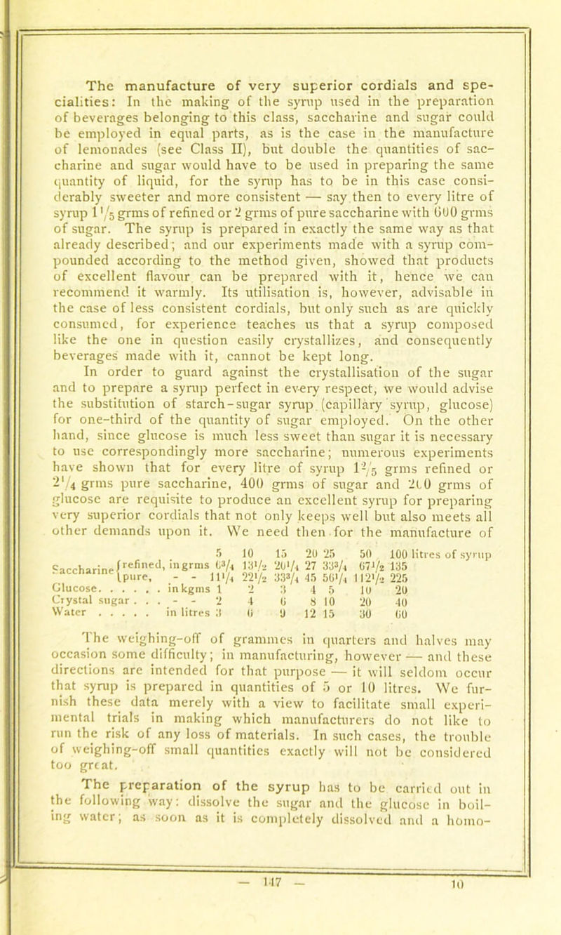 The manufacture of very superior cordials and spe- cialities: In the making of the syrup used in the preparation of beverages belonging to this class, saccharine and sugar could be employed in equal parts, as is the case in the manufacture of lemonades (see Class II), but double the quantities of sac- charine and sugar would have to be used in preparing the same quantity of liquid, for the syrup has to be in this case consi- derably sweeter and more consistent — say then to every litre of syrup 1 */5 grms of refined or 2 grms of pure saccharine with GUO grms of sugar. The syrup is prepared in exactly the same way as that already described; and our experiments made with a syrup com- pounded according to the method given, showed that products of excellent flavour can be prepared with it, hence we cau recommend it warmly. Its utilisation is, however, advisable in the case of less consistent cordials, but only such as are quickly consumed, for experience teaches us that a syrup composed like the one in question easily crystallizes, and consequently beverages made with it, cannot be kept long. In order to guard against the crystallisation of the sugar and to prepare a syrup perfect in every respect, we would advise the substitution of starch-sugar syrup. (Capillary syrup, glucose) for one-third of the quantity of sugar employed. On the other hand, since glucose is much less sweet than sugar it is necessary to use correspondingly more saccharine; numerous experiments have shown that for every litre of syrup I-/5 grms refined or •1'U grms pure saccharine, 400 grms of sugar and 2l0 grms of glucose are requisite to produce an excellent syrup for preparing very superior cordials that not only keeps well but also meets all other demands upon it. VVe need then for the manufacture of Saccharine|j 5 10 15 20 25 'fined, ingrms (,3/4 131/2 20>/i 27 333/j (.pure, - - 111 j. Glucose inkgms 1 Crystal sugar ... - - 2 Water in litres ;i 50 100 litres of syrup - „ „ 071/2 135 22'/a 333/4 45 56'/4 II 2'/3 225 2 3 4 5 10 20 4 0 8 10 20 40 0 0 12 15 30 00 The weighing-off of grammes in quarters and halves may occasion some difficulty; in manufacturing, however— and these directions are intended for that purpose — it will seldom occur that syrup is prepared in quantities of 5 or 10 litres. We fur- nish these data merely with a view to facilitate small experi- mental trials in making which manufacturers do not like to run the risk of any loss of materials. In such cases, the trouble of weighing-off small quantities exactly will not be considered too great. The preparation of the syrup has to be carried out in the following Way: dissolve the sugar and the glucose in boil- ing water; as soon as it is completely dissolved and a homo-