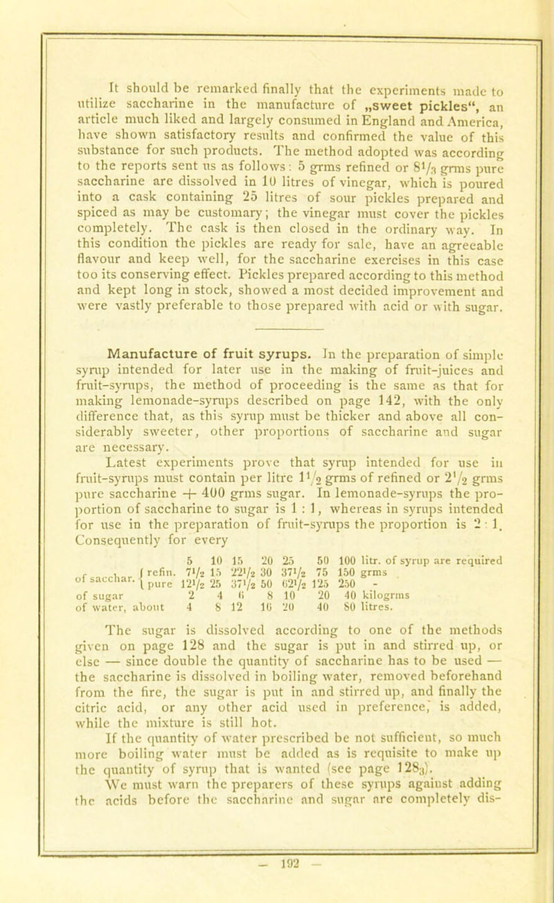 It should be remarked finally that the experiments made to utilize saccharine in the manufacture of ,.sweet pickles, an article much liked and largely consumed in England and America, have shown satisfactory results and confirmed the value of this substance for such products. The method adopted was according to the reports sent ns as follows: 5 grms refined or 8Vs grins pure saccharine are dissolved in 1U litres of vinegar, which is poured into a cask containing 25 litres of sour pickles prepared and spiced as may be customary; the vinegar must cover the pickles completely. The cask is then closed in the ordinary way. In this condition the pickles are ready for sale, have an agreeable flavour and keep well, for the saccharine exercises in this case too its conserving effect. Pickles prepared according to this method and kept long in stock, showed a most decided improvement and were vastly preferable to those prepared with acid or with sugar. Manufacture of fruit syrups. In the preparation of simple syrup intended for later use in the making of fruit-juices and fruit-syrups, the method of proceeding is the same as that for making lemonade-syrups described on page 142, with the only difference that, as this syrup must be thicker and above all con- siderably sweeter, other proportions of saccharine and sugar are necessary. Latest experiments prove that syrup intended for use in fruit-syrups must contain per litre 1 '/o grms of refined or 2*/2 gnus pure saccharine -j- 400 grms sugar. In lemonade-syrups the pro- portion of saccharine to sugar is 1 : 1, whereas in syrups intended for use in the preparation of fruit-syrups the proportion is 2:1, Consequently for every 5 10 15 20 25 50 100 litr. of syrup are required , . f refin. 7i/a 15 221/2 30 371/2 75 150 grms of sacchar. | pure 12,/2 25 371/2 50 G2>/2 125 250 - of sugar 2 4 0 8 10 20 40 kilogrms of water, about 4 8 12 10 20 40 80 litres. The sugar is dissolved according to one of the methods given on page 128 and the sugar is put in and stirred up, or else — since double the quantity of saccharine has to be used — the saccharine is dissolved in boiling water, removed beforehand from the fire, the sugar is put in and stirred up, and finally the citric acid, or any other acid used in preference,' is added, while the mixture is still hot. If the quantity of -water prescribed be not sufficient, so much more boiling w-ater must be added as is requisite to make up the quantity of syrup that is wanted (see page 1283). \Vc must warn the preparers of these syrups agaiust adding the acids before the saccharine and sugar are completely dis-
