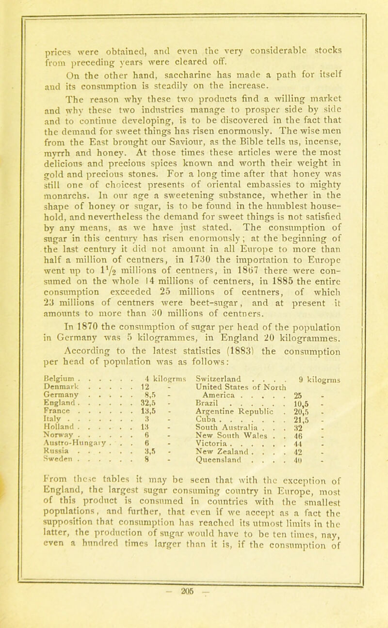 prices were obtained, and even the very considerable stocks from preceding years were cleared off. On the other hand, saccharine has made a path for itself and its consnmption is steadily on the increase. The reason why these two products find a willing market and why these two industries manage to prosper side by side and to continue developing, is to be discovered in the fact that the demand for sweet things has risen enormously. The wise men from the East brought our Saviour, as the Bible tells us, incense, myrrh and honey. At those times these articles were the most delicious and precious spices known and worth their weight in gold and precious stones. For a long time after that honey was still one of choicest presents of oriental embassies to mighty monarchs. In our age a sweetening substance, whether in the shape of honey or sugar, is to be found in the humblest house- hold, and nevertheless the demand for sweet things is not satisfied by any means, as we have just stated. The consumption of sugar in this century has risen enormously; at the beginning of the last century it did not amount in all Europe to more than half a million of centners, in 1730 the importation to Europe went up to l'/2 millions of centners, in 1807 there were con- sumed on the whole 14 millions of centners, in 1885 the entire consnmption exceeded 25 millions of centners, of which 23 millions of centners were beet-sugar, and at present it amounts to more than 30 millions of centners. In 1870 the consumption of sugar per head of the population in Germany was 5 kilogrammes, in England 20 kilogrammes. According to the latest statistics (18831 the consumption per head of population was as follows: Belgium 4 kilogrms Switzerland .... 9 kilogrms Denmark 12 - United States of North Germany 8,5 - America 25 England 32,5 - Brazil 10,5 France 13,5 - Argentine Republic . 20,5 Italy 3 - Cuba 21,5 Holland 13 - South Australia ... 32 Norway 6 - New South Wales . . 46 Austro-Hungary ... 6 - Victoria 44 Russia 3,5 • New Zealand .... 42 Sweden 8 - Queensland .... 40 From these tables it may be seen that with the exception of England, the largest sugar consuming country in Europe, most of this product is consumed in countries with the smallest populations, and further, that even if we accept as a fact the supposition that consumption has reached its utmost limits in the latter, the production of sugar would have to be ten times, nay, even a hundred times larger than it is, if the consumption of