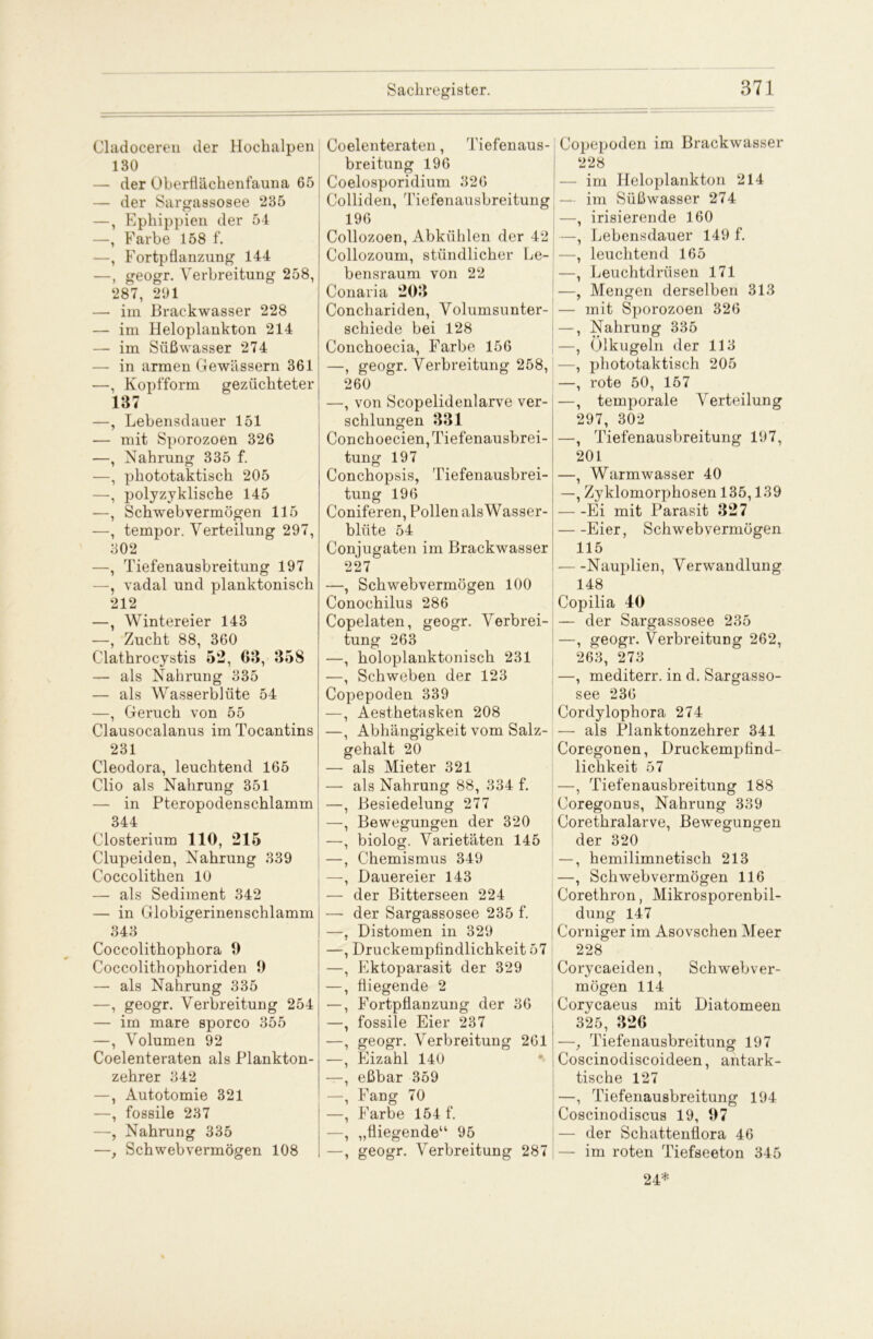 Cladoceren der Hochalpen 130 — der Oberflächenfauna 65 — der Sargassosee 235 —, Ephippien der 54 —, Farbe 158 f. —, Fortpflanzung 144 —, geogr. Verbreitung 258, 287, 201 — im Brackwasser 228 — im Heloplankton 214 — im Süßwasser 274 — in armen Gewässern 361 —, Kopfform gezüchteter 137 —, Lebensdauer 151 — mit Sporozoen 326 —, Nahrung 335 f. —, phototaktisch 205 —, polyzyklische 145 —, Schwebvermögen 115 —, tempor. Verteilung 297, 302 —, Tiefenausbreitung 197 —, vadal und planktonisch 212 —, Wintereier 143 —, Zucht 88, 360 Clathrocystis 52, 63, 35S — als Nahrung 335 — als Wasserblüte 54 —, Geruch von 55 Clausocalanus imTocantins 231 Cleodora, leuchtend 165 Clio als Nahrung 351 — in Pteropodenschlamm 344 Closterium 110, 215 Clupeiden, Nahrung 339 Coccolithen 10 — als Sediment 342 — in Globigerinenschlamm 343 Coccolithophora 0 Coccolithophoriden 9 — als Nahrung 335 —, geogr. Verbreitung 254 — im mare sporco 355 —, Volumen 92 Coelenteraten als Plankton- zehrer 342 —, Autotomie 321 —, fossile 237 —, Nahrung 335 —, Schwebvermögen 108 Coelenteraten, Tiefenaus- breitung 196 Coelosporidium 326 Colliden, Tiefenausbreitung 196 Collozoen, Abkühlen der 42 Collozoum, stündlicher Le- bensraum von 22 Conaria 203 Conchariden, Volumsunter- schiede bei 128 Conchoecia, Farbe 156 —, geogr. Verbreitung 258, 260 —, von Scopelidenlarve ver- schlungen 331 Conchoecien, Tiefenausbrei- tung 197 Conchopsis, Tiefenausbrei- tung 196 Coniferen, Pollen alsWasser- bliite 54 Conjugaten im Brackwasser 227 —, Schwebvermögen 100 Conochilus 286 Copelaten, geogr. Verbrei- tung 263 —, holoplanktonisch 231 —, Schweben der 123 Copepoden 339 —, Aesthetasken 208 —, Abhängigkeit vom Salz- gehalt 20 — als Mieter 321 — als Nahrung 88, 334 f. —, Besiedelung 277 —, Bewegungen der 320 —, biolog. Varietäten 145 —, Chemismus 349 —, Dauereier 143 — der Bitterseen 224 — der Sargassosee 235 f. —, Distomen in 329 —, Druckempfindlichkeit 57 —, Ektoparasit der 329 —, fliegende 2 —, Fortpflanzung der 36 —, fossile Eier 237 —, geogr. Verbreitung 261 —, Eizahl 140 —, eßbar 359 —, Fang 70 —, Farbe 154 f. —, „fliegende“ 95 —, geogr. Verbreitung 287 j Copepoden im Brackwasser 228 im Heloplankton 214 : — im Süßwasser 274 —, irisierende 160 —, Lebensdauer 149 f. —, leuchtend 165 —, Leuchtdrüsen 171 —, Mengen derselben 313 — mit Sporozoen 326 —, Nahrung 335 —, Olkugeln der 113 —, phototaktisch 205 —, rote 50, 157 —, temporale Verteilung 297, 302 —, Tiefenausbreitung 197, 201 —, Warmwasser 40 —, Zyklomorphosen 135,139 Ei mit Parasit 327 Eier, Schwebvermögen 115 Nauplien, Verwandlung 148 Copilia 40 — der Sargassosee 235 —, geogr. Verbreitung 262, 263, 273 —, mediterr. in d. Sargasso- see 236 Cordylophora 274 — als Planktonzehrer 341 Coregonen, Druckempfind- lichkeit 57 —, Tiefenausbreitung 188 Coregonus, Nahrung 339 Corethralarve, Bewegungen der 320 —, hemilimnetisch 213 —, Schwebvermögen 116 Corethron, Mikrosporenbil- dung 147 Corniger im Asovschen Meer 228 Corycaeiden, Schwebver- mögen 114 Corycaeus mit Diatomeen 325, 326 —, Tiefenausbreitung 197 Coscinodiscoideen, antark- tische 127 —, Tiefenausbreitung 194 Coscinodiscus 19, 97 — der Schattenflora 46 — im roten Tiefseeton 345 24*