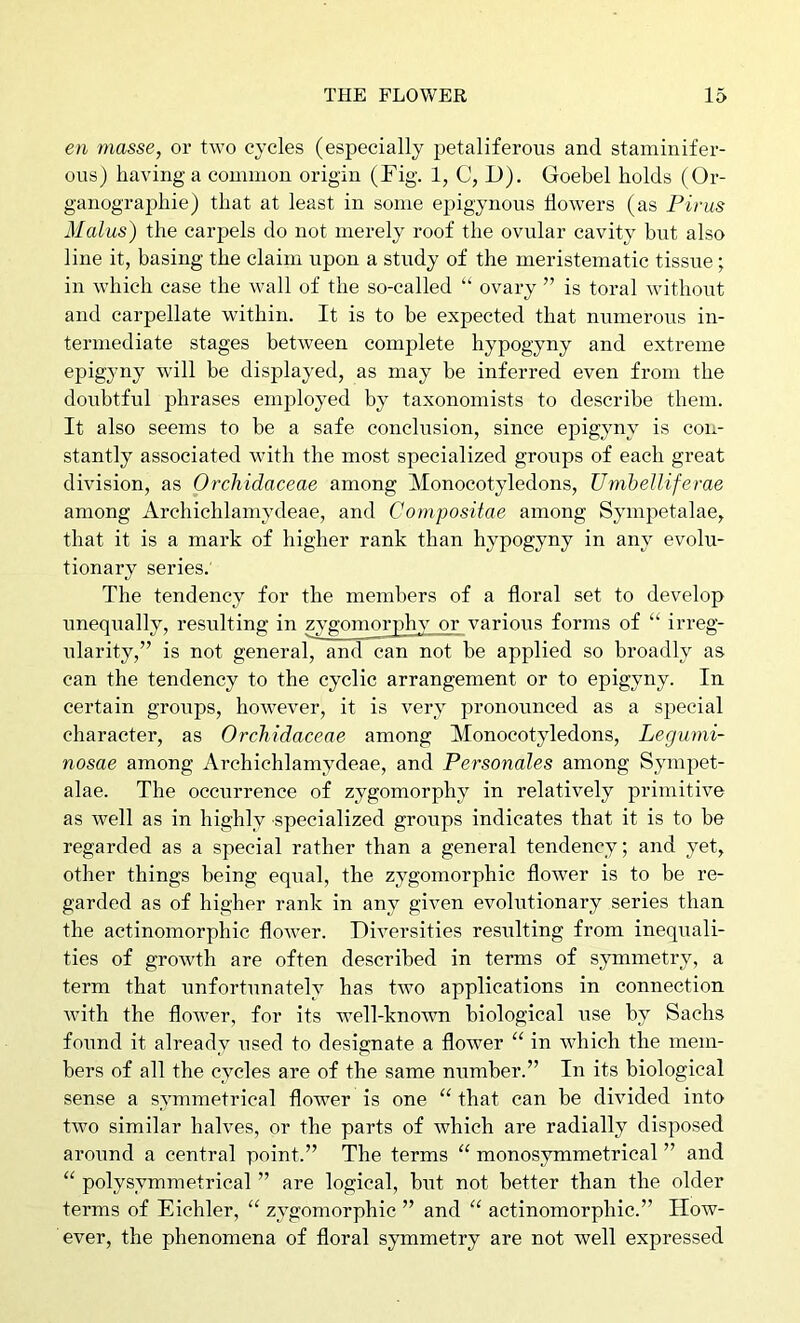 en masse, or two cycles (especially petaliferous and staminifer- oiis) having a common origin (Fig. 1, C, D). Goebel holds (Or- ganographie) that at least in some epigynous flowers (as Pirns Mains) the carpels do not merely roof the ovular cavity but also line it, basing the claim upon a study of the meristematic tissue ; in which case the Avail of the so-called “ ovary ” is toral Avithout and carpellate within. It is to be expected that numerous in- termediate stages betAveen complete hypogyny and extreme epigyny will be displayed, as may be inferred even from the doubtful phrases emjAloyed by taxonomists to describe them. It also seems to be a safe conclusion, since epigyny is con- stantly associated Avith the most specialized groups of each great division, as OrcJiidaceae among Monocotyledons, Umhelliferae among Archichlamydeae, and Compositae among Sympetalae, that it is a mark of higher rank than hypogyny in any evolu- tionary series.' The tendency for the members of a floral set to develop unequally, resulting in zygomorphy or various forms of “ irreg- ularity,” is not general, and can not be applied so broadly as can the tendency to the cyclic arrangement or to epigyny. In certain groups, hoAvever, it is very pronounced as a special character, as OrcJiidaceae among Monocotyledons, Legumi- nosae among Archichlamydeae, and Personales among Sympet- alae. The occurrence of zygomorphy in relatively primitive as well as in highly specialized groups indicates that it is to be regarded as a special rather than a general tendency; and yet, other things being equal, the zygomorphic flower is to be re- garded as of higher rank in any gwen eyolutionary series than the actinomorphic floAA^er. Diversities resulting from inequali- ties of groAvth are often described in terms of symmetry, a term that unfortunately has tAyo applications in connection Avith the floAver, for its AA^ell-knoAvn biological use by Sachs found it already used to designate a flower “ in Avhich the mem- bers of all the cycles are of the same number.” In its biological sense a symmetrical flower is one “ that can be diAuded into tAvo similar halves, or the parts of Avhich are radially disposed around a central point.” The terms “ monosymmetrical ” and “ polysymmetrical ” are logical, but not better than the older terms of Eichler, “ zygomorphic ” and “ actinomorphic.” How- ever, the phenomena of floral symmetry are not well expressed