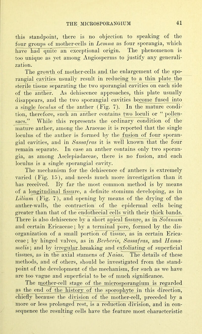 this standpoint, there is no objection to speaking of the four groups of mother-cells in Lenina as four sporangia, which have had quitT~an exceptional origin. The phenomenon is too unique as yet among Angiosperms to justify any generali- zation. The growth of mother-cells and the enlargement of the spo- rangial cavities usually result in reducing to a thin plate the sterile tissue separating the two sporangial cavities on each side of the anther. As dehiscence approaches, this plate usually disappears, and the two sporangial cavities become fused into a single loculus of the anther (Fig. 7). In the mature condi- tion, therefore, such an anther contains two loculi or “ pollen- sac^’ While this represents the ordinary condition of the mature anther, among the Araceae it is reported that the single loculus of the anther is formed by the fusion of four sporan- gial cavities, and in Sassafras it is well known that the four remain separate. In case an anther contains only two sporan- gia, as among Asclepiadaceae, there is no fusion, and each loculus is a single sporangial cavity. The mechanism for the dehiscence of anthers is extremely varied (Fig. 15), and needs much more investigation than it has received. By far The most common method is by means of a longitudinal fissTire, a definite stomium developing, as in Lilium (Fig. 7), and opening by means of the drying of the anther-walls, the contraction of the epidermal cells being greater than that of the endothecial cells with their thick hands. There is also dehiscence by a short apical fissure, as in Solanum and certain Ericaceae; by a terminal pore, formed by the dis- organization of a small portion of tissue, as in certain Erica- ceae; by hinged valves, as in Berheris, Sassafras, and Ilama- melis; and by irregular breaking and exfoliating of superficial tissues, as in the axial stamens of Naias. The details of these methods, and of others, should be investigated from the stand- point of the development of the mechanism, for such as we have are too vague and superficial to be of much significance. The mother-cell stage of the microsporangium is regarded as the end of the history of the sporophyte in this direction, chiefly because the division of the mother-cell, preceded by a more or less prolonged rest, is a reduction division, and in con- sequence the resulting cells have the feature most characteristic