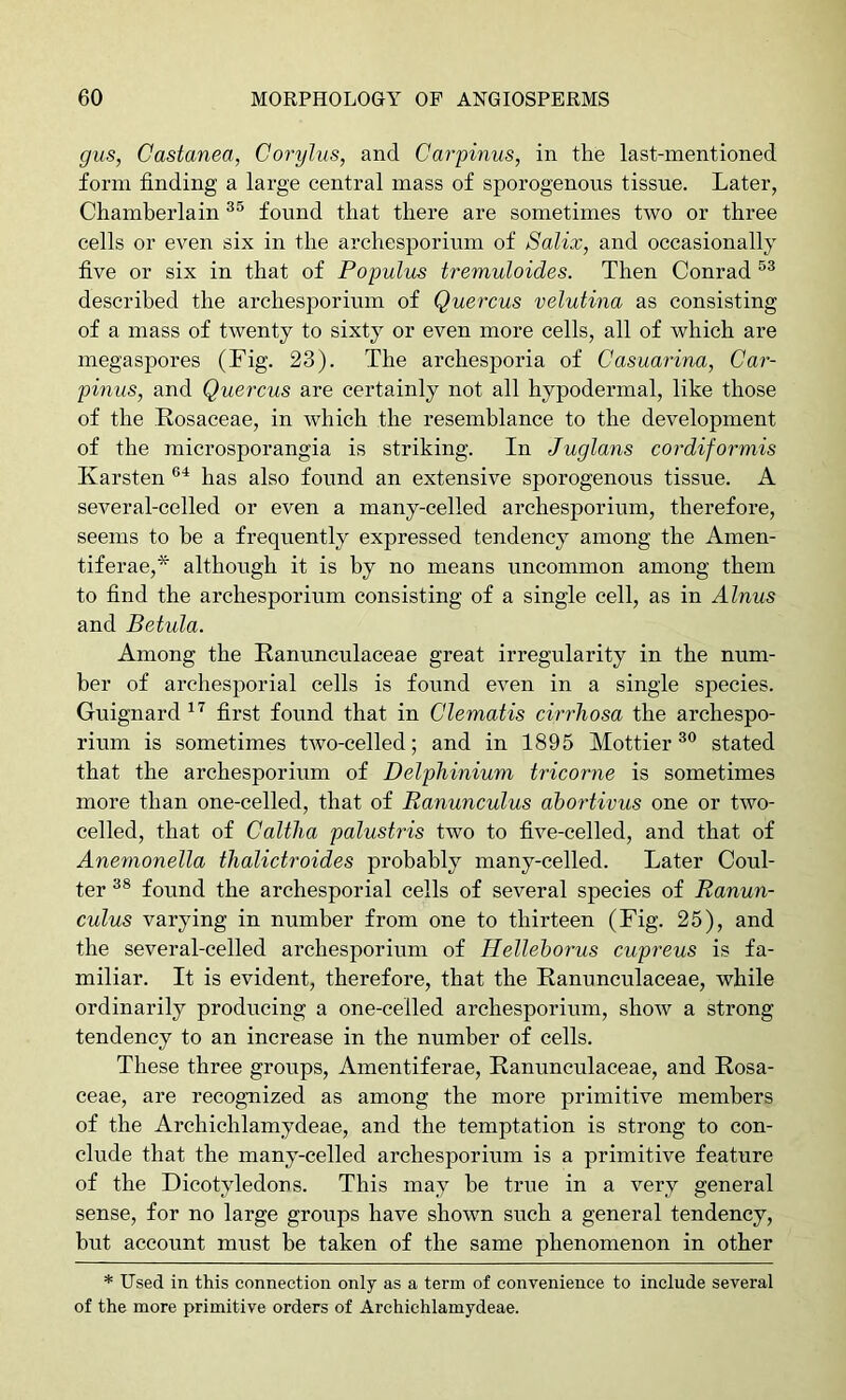 gus, Castanea, Corylus, and Carpinus, in the last-mentioned form finding a large central mass of sporogenous tissue. Later, Chamberlain found that there are sometimes two or three cells or even six in the archesporium of Salix, and occasionally five or six in that of Populus tremuloides. Then Conrad described the archesporium of Quercus velutina as consisting of a mass of twenty to sixty or even more cells, all of which are megaspores (Fig. 23). The archespoiua of Casuarina, Car- pinus, and Quercus are certainly not all hypodermal, like those of the Rosaceae, in which the resemblance to the development of the mierosporangia is striking. In Juglans cordiformis Karsten has also found an extensive sporogenous tissue. A several-celled or even a many-celled archesporium, therefore, seems to be a frequently expressed tendency among the Amen- tiferae,* although it is by no means uncommon among them to find the archesporium consisting of a single cell, as in Alnus and Betula. Among the Ranunculaceae great irregularity in the num- ber of archesporial cells is found even in a single species. Guignard first found that in Clematis cirrhosa the archespo- rium is sometimes two-celled; and in 1895 Mottier stated that the archesporium of Delphinium tricorne is sometimes more than one-celled, that of Ranunculus ahortivus one or two- celled, that of Caltha palustris two to five-celled, and that of Anemonella thalictroides probably many-celled. Later Coul- ter found the archesporial cells of several species of Ranun- culus varying in number from one to thirteen (Fig. 25), and the several-celled archesporium of Hellehorus cupreus is fa- miliar. It is evident, therefore, that the Ranunculaceae, while ordinarily producing a one-celled archesporium, show a strong tendency to an increase in the number of cells. These three groups, Amentiferae, Ranunculaceae, and Rosa- ceae, are recognized as among the more primitive members of the Archichlamydeae, and the temptation is strong to con- clude that the many-celled archesporium is a primitive feature of the Dicotyledons. This may be true in a very general sense, for no large groups have shown such a general tendency, but account must be taken of the same phenomenon in other * Used in this connection only as a term of convenience to include several of the more primitive orders of Archichlamydeae.