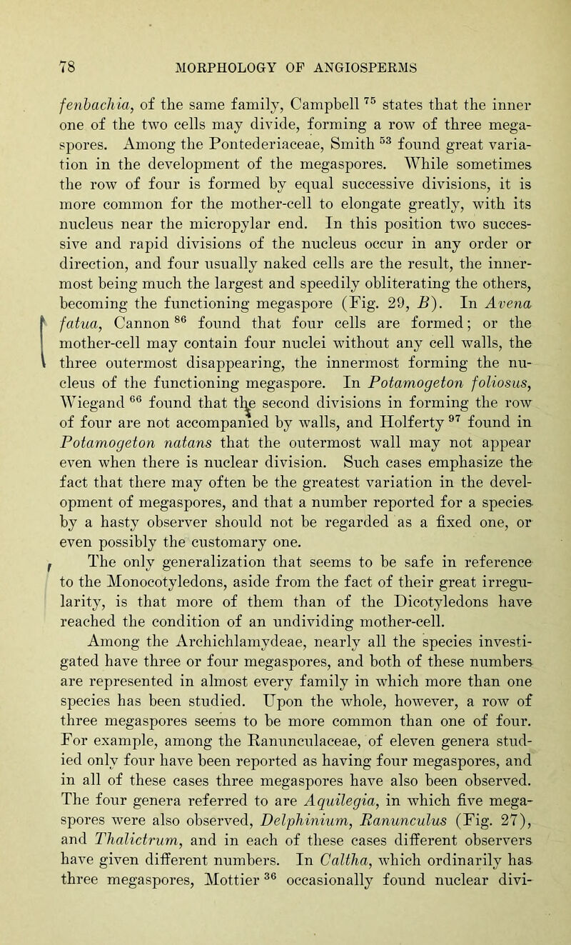 fenhachia, of the same family, Campbell states that the inner one of the two cells may divide, forming a row of three mega- spores. Among the Pontederiaceae, Smith found great varia- tion in the development of the megaspores. While sometimes the row of fonr is formed by equal successive divisions, it is more common for the mother-cell to elongate greatly, with its nucleus near the micropylar end. In this position two succes- sive and rapid divisions of the nucleus occur in any order or direction, and four usually naked cells are the result, the inner- most being much the largest and speedily obliterating the others, becoming the functioning megaspore (Fig. 29, B). In Avena fatua, Cannon found that four cells are formed; or the mother-cell may contain four nuclei without any cell walls, the three outermost disappearing, the innermost forming the nu- cleus of the functioning megaspore. In Potamogeton foliosus, Wiegand found that tl^e second divisions in forming the row of four are not accompanied by walls, and Holferty found in Potamogeton natans that the outermost wall may not appear even when there is nuclear division. Such cases emphasize the- fact that there may often be the greatest variation in the devel- opment of megaspores, and that a number reported for a species, by a hasty observer should not be regarded as a fixed one, or even possibly the customary one. The only generalization that seems to be safe in reference to the Monocotyledons, aside from the fact of their great irregu- larity, is that more of them than of the Dicotyledons have reached the condition of an undividing mother-cell. Among the Archichlamydeae, nearly all the species investi- gated have three or four megaspores, and both of these numbers are represented in almost every family in which more than one species has been studied. Upon the whole, however, a row of three megaspores seems to be more common than one of four. For example, among the Ranunculaceae, of eleven genera stud- ied only four have been reported as having four megaspores, and in all of these cases three megaspores have also been observed. The four genera referred to are Aquilegia, in which five mega- spores were also observed, Delphinium, Ranunculus (Fig. 27), and Thalictrum, and in each of these cases different observers have given different numbers. In Caltha, which ordinarily has. three megaspores, Mottier occasionally found nuclear divi-