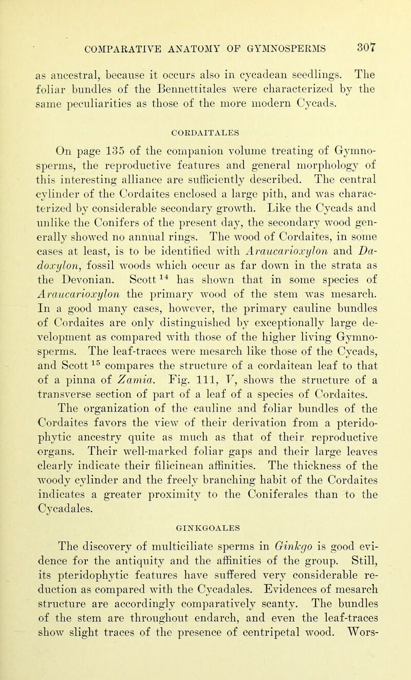 as ancestral, because it occurs also in eycaclean seedlings. The foliar bundles of the Bennettitales were characterized by the same peculiarities as those of the more modern Cycads. CORDAITALES On page 135 of the companion volume treating of Gymno- sperms, the reproductive features and general morphology of this interesting alliance are sufficiently described. The central cylinder of the Cordaites enclosed a large pith, and was charac- terized by considerable secondary growth. lake the Cycads and unlike the Conifers of the present day, the secondary wood gen- erally showed no annual rings. The wood of Cordaites, in some cases at least, is to he identified with Araucarioxyloii and Da- doxylon, fossil woods which occur as far down in the strata as the Devonian. Scott has shown that in some species of Araucarioxylon the primary wood of the stem was mesarch. In a good many cases, however, the primary cauline bundles of Cordaites are only distinguished by exceptionally large de- velopment as compared with those of the higher living Gymno- sperms. The leaf-traces were mesarch like those of the Cycads, and Scott compares the structure of a cordaitean leaf to that of a pinna of Zamia. Fig. Ill, F, shows the stimcture of a transverse section of part of a leaf of a species of Cordaites. The organization of the cauline and foliar bundles of the Cordaites favors the view of their derivation from a pterido- phytic ancestry quite as much as that of their reproductive organs. Their well-marked foliar gaps and their large leaves clearly indicate their filicinean affinities. The thickness of the woody cylinder and the freely branching habit of the Cordaites indicates a greater proximity to the Coniferales than to the Cycadales. GINKCtOALES The discovery of miilticiliate sperms in Ginl-go is good evi- dence for the antiquity and the affinities of the group. Still, its pteridophytic features have suffered very considerable re- duction as compared with the Cycadales. Evidences of mesarch structure are accordingly comparatively scanty. The bundles of the stem are throughout endarch, and even the leaf-traces show slight traces of the presence of centripetal wood. Wors-