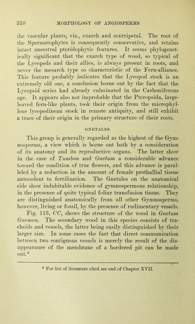the vascular plants, viz., exarch and centripetal. The root of the Sperniatophytes is consequently conservative, and retains intact ancestral pteridophytic features. It seems phylogenet- ically significant that the exarch type of wood, so typical of the Lyeopods and their allies, is always present in roots, and never the mesarch type so characteristic of the Fern-alliance. This featiire probably indicates that the Lycopod stock is an extremely old one, a conclusion borne out by the fact that the Lycopsid series had already culminated in the Carboniferous age. It appears also not improbable that the Pteropsida, large- leaved fern-like plants, took their origin from the microphyl- loris lycopodinean stock in remote antiquity, and still exhibit a trace of their origin in the primary structure of their roots. GNETALES This group is generally regarded as the highest of the Gym- nosperms, a view which is borne out both by a consideration of its anatomy and its reproductive organs. The latter show in the case of Tumboa and Gnetum a considerable advance toward the condition of true flowers, and this advance is paral- leled by a reduction in the amount of female prothallial tissue antecedent to fertilization. The Gnetales on the anatomical side show indubitable evidence of gymnospermous relationship, in the presence of quite typical foliar transfusion tissue. They are distinguished anatomically from all other Gymnosperms, however, living or fossil, by the presence of rudimentary vessels. Fig. 113, (7(7, shows the structure of the wood in Gnetum Gnemon. The secondary Avood in this species consists of tra- cheids and vessels, the latter being easily distinguished by their larger size. In some cases the fact that direct commiinication between two contiguous vessels is merely the result of the dis- appearance of the membrane of a bordered pit can be made out.* * For list of literature cited see end of Chapter XVII.