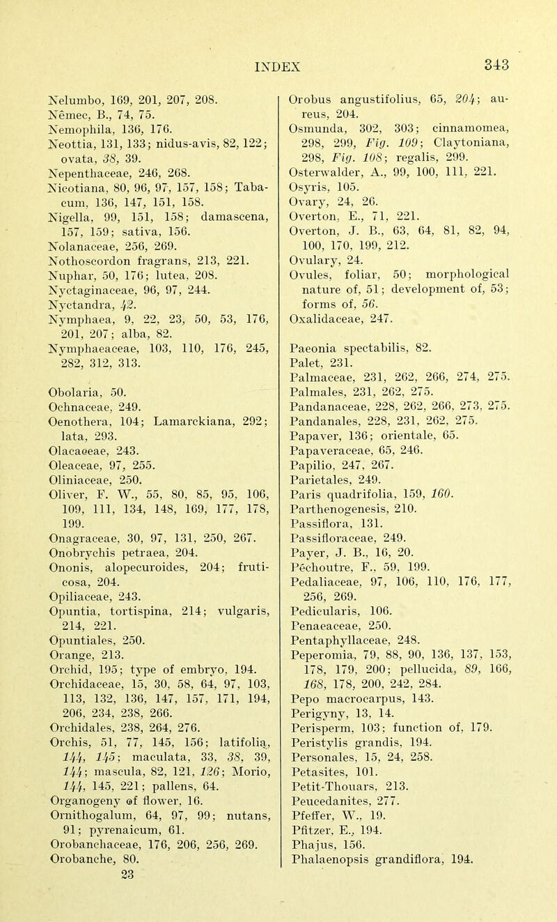 Nelumbo, 109, 201, 207, 208. Nemec, B., 74, 75. Nemopliila, 130, 170. Neottia, 131, 133; nidus-avis, 82,122; ovata, 38, 39. Nepenthaeeae, 240, 208. Nicotiana, 80, 90, 97, 157, 158; Taba- cum, 130, 147, 151, 158. Nigella, 99, 151, 158; dainascena, 157, 159; sativa, 15G. Nolanaceae, 250, 209. Nothoscordon fragrans, 213, 221. Nuphar, 50, 170; liitea, 208. Nyctaginaeeae, 90, 97, 244. Nyctandra, .^2. Nympliaea, 9, 22, 23, 50, 53, 170, 201, 207; alba, 82. Nymphaeaceae, 103, 110, 170, 245, 282, 312, 313. Obolaria, 50. Ochnaceae, 249. Oenothera, 104; Lamarekiana, 292; lata, 293. Olacaeeae, 243. Oleaeeae, 97, 255. Oliniaceae, 250. Oliver, F. W., 55, 80, 85, 95, 100, 109, 111, 134, 148, 109, 177, 178, 199. Onagraceae, 30, 97, 131, 250, 207. Onobrychis petraea, 204. Ononis, alopecuroides, 204; fruti- cosa, 204. Opiliaceae, 243. Opuntia, tortispina, 214; vulgaris, 214, 221. Opuntiales, 250. Orange, 213. Orchid, 195; type of embryo, 194. Orchidaceae, 15, 30, 58, 64, 97, 103, 113, 132, 136, 147, 157, 171, 194, 206, 234, 238, 266. Orchidales, 238, 264, 276. Orchis, 51, 77, 145, 156; latifolia, IJfJf, lJj5; maculata, 33, 38, 39, Uf-'i; maseula, 82, 121, 126; Morio, 1-)), 145, 221; pallens, 64. Organogeny of flower, 10. Ornithogalum, 64, 97, 99; nutans, 91; pyi’enaicum, 61. Orobanchaceae, 176, 206, 256, 269. Orobanche, 80. 23 Orobus angustifolius, 05, 20If, au- reus, 204. Osmunda, 302, 303; cinnamomea, 298, 299, Fig. 109; Clayfloniana, 298, Fig. 108; regalis, 299. Osterwalder, A., 99, 100, 111, 221. Osyris, 105. Ovary, 24, 20. Overton, E., 71, 221. Overton, J. B., 63, 04, 81, 82, 94, 100, 170, 199, 212. Ovulary, 24. Ovules, foliar, 50; morphological nature of, 51; development of, 53; forms of, 56. Oxalidaceae, 247. Paeonia speetabilis, 82. Palet, 231. Palmaeeae, 231, 202, 266, 274, 275. Palmales, 231, 202, 275. Pandanaceae, 228, 202, 266. 273, 275. Pandanales, 228, 231, 262, 275. Papaver, 136; orientate, 05. Papaveraeeae, 05, 240. Papilio, 247, 267. Parietales, 249. Paris quadrifolia, 159, 160. Parthenogenesis, 210. Passiflora, 131. Passifloraceae, 249. Payer, J. B., 10, 20. Pechoutre, F., 59, 199. Pedaliaceae, 97, 106, 110, 170, 177, 256, 209. Pedieularis, 100. Penaeaceae, 250. Pentaphyllaeeae, 248. Peperomia, 79, 88, 90, 136, 137, 153, 178, 179, 200; pellueida, 89, 106, 168, 178, 200, 242, 284. Pepo macrocarpus, 143. Perigyny, 13, 14. Perisperm, 103; function of, 179. Peristylis grandis, 194. Personates, 15, 24, 258. Petasites, 101. Petit-Thouars, 213. Peucedanites, 277. Pfeffer, W., 19. Pfltzer, E., 194. Phajus, 150. Phalaenopsis grandiflora, 194.