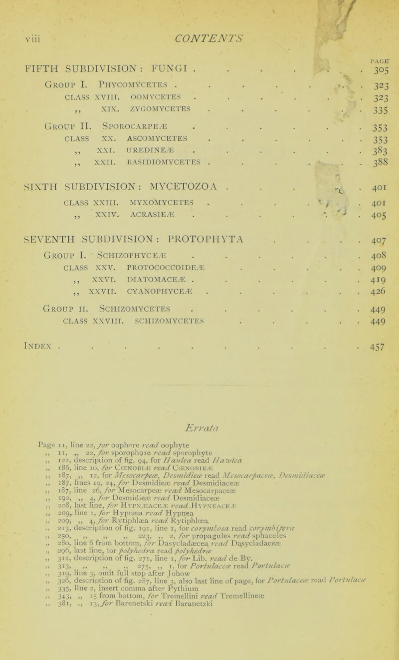FIFTH SUBDIVISION: FUNGI . . . . ... '305 Group I. Phycomycetes . . . . . 323 CLASS XVIII. OOMYCETES . . . . . 323 ,, XIX. ZYGOMYCETES . . . . . ' . 335 Group II. Sporocarpe.e ...... 353 CLASS XX. ASCOMYCETES . . . . . . 353 ,, XXI. UREDINE3E ...... 383 ,, XXII. BASIDIOMYCETES . . . . . . 388 SIXTH SUBDIVISION: MYCETOZOA . . . r£ . 401 CLASS XXIII. MYXOhlYCETES . . . . ' , . 401 ,, XXIV. ACRASIE/E . . . . 405 SEVENTH SUBDIVISION : PROTOPHYTA . . . . 407 Group I. Schizophyce.e ...... 408 CLASS XXV. TROTOCOCCOIDE.E . . . . . 409 ,, XXVI. DIATOMACE.'E . . . . . -419 ,, xxvii. cyanophyce.t: . . . . . . 426 Group 11. Schizomycetes ...... 449 CLASS XXVIII. SCHIZOMYCETES . . . . . 449 Index .......... 457 Errata Pag*; 11, line 22,/ar ooplmrc read oophyte ,, 11, ,, 22, for sporophoie reeul sporophyte „ 122, description of fig. 94, for Haulea read Hawlea „ 186, line 10, for Ohnoiii.-e read CoiNorie.-k ,, 187, ,, 12, for Mesocarpece, Destnidiece read ,1 tesocarpacete, Desmidiaceer ,, 187, lines 19, 24, for Desmidieaj read Desmidiacem ,, 187, line 26, for Mesoearpeae read Mesocarpaeea: ,, 190, ,, 4, for Desmidieae read Desmidiaceae „ 208, last line, for Hyiwkace.e read Hypneace.i ,, 209, line 1, for Hypnaia read Hypnea ,, 209, ,, 4, for Rytiphlasa read Kytiphlcea ,, 213, description of fig. 191, line 1, for corymlosa read corymbijera ,, 250, ,, ,, ,, 223, ,, 2, for propagules read sphaceles „ 280, line 6 from bottom, for Dasycladaecea read Dasycladace* ,, 296, last line, lor polyhedra read polyhedree ,, 311, description of fig. 271, line 1, for Lib. read de By. >> 3r3) ), !>_ 275, ,, 1, for Portulaccee read Portulacte ,, 319, line 3, omit full stop after Johow „ 326, description of fig. 287, line 3, also last line of page, for Portidaceie read Portulacte „ 335, line 2, insert comma after Pythium ,, 343, ,, 15 from bottom, for Tremellini read Tremellinea; ,, 381, ., 13,for Barenetski read Baranetzki