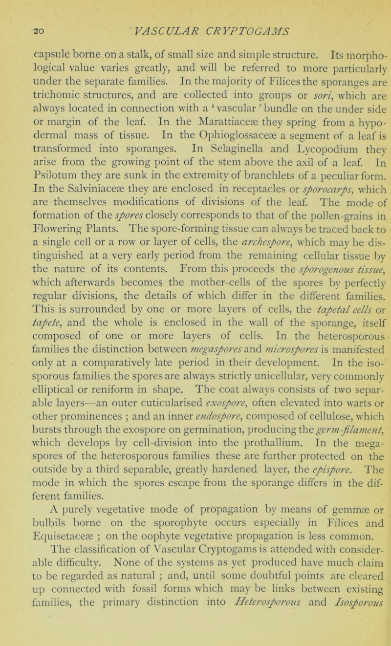 capsule borne on a stalk, of small size and simple structure. Its morpho- logical value varies greatly, and will be referred to more particularly under the separate families. In the majority of Filices the sporanges are trichomic structures, and are collected into groups or sori, which are always located in connection with a ‘ vascular ’ bundle on the under side or margin of the leaf. In the Marattiaceae they spring from a hypo- dermal mass of tissue. In the Ophioglossaceae a segment of a leaf is transformed into sporanges. In Selaginella and Lycopodium they arise from the growing point of the stem above the axil of a leaf. In Psilotum they are sunk in the extremity of branchlets of a peculiar form. In the Salviniaceae they are enclosed in receptacles or sporocarps, which are themselves modifications of divisions of the leaf. The mode of formation of the spores closely corresponds to that of the pollen-grains in Flowering Plants. The spore-forming tissue can always be traced back to a single cell or a row or layer of cells, the archespore, which may be dis- tinguished at a very early period from the remaining cellular tissue by the nature of its contents. From this proceeds the sporogenous tissue, which afterwards becomes the mother-cells of the spores by perfectly regular divisions, the details of which differ in the different families. This is surrounded by one or more layers of cells, the tapetal cells or tapete, and the whole is enclosed in the wall of the sporange, itself composed of one or more layers of cells. In the heterosporous families the distinction between megaspores and microspores is manifested only at a comparatively late period in their development. In the iso- sporous families the spores are always strictly unicellular, very commonly elliptical or reniform in shape. The coat always consists of two separ- able layers—an outer cuticularised exospore, often elevated into warts or other prominences ; and an inner endospore, composed of cellulose, which bursts through the exospore on germination, producing the germ-filament, which develops by cell-division into the prothallium. In the mega- spores of the heterosporous families these are further protected on the outside by a third separable, greatly hardened layer, the epispore. The mode in which the spores escape from the sporange differs in the dif- ferent families. A purely vegetative mode of propagation by means of gemmae or bulbils borne on the sporophyte occurs especially in Filices and Equisetaceae ; on the oophyte vegetative propagation is less common. The classification of Vascular Cryptogams is attended with consider- able difficulty. None of the systems as yet produced have much claim to be regarded as natural ; and, until some doubtful points are cleared up connected with fossil forms which may be links between existing families, the primary distinction into Heterosporous and Isosporous