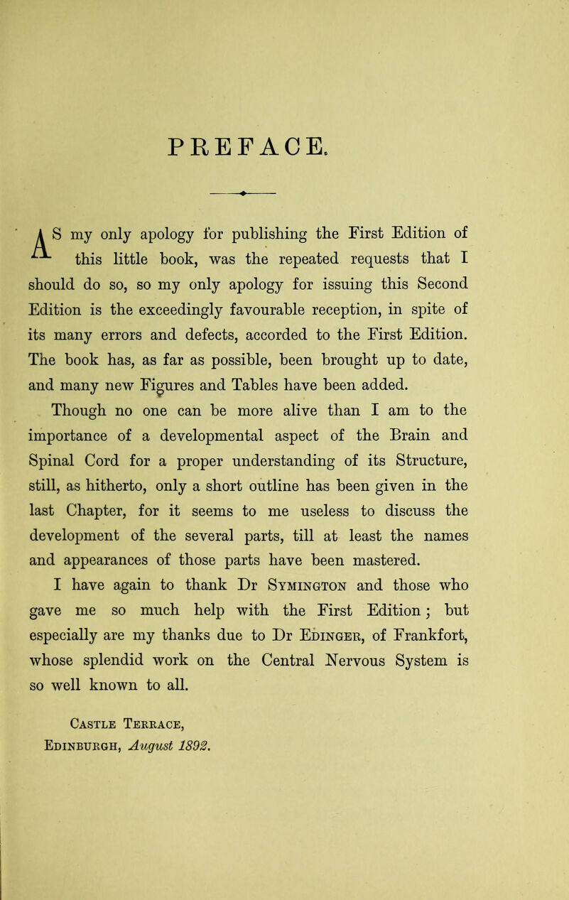 PREFACE, S my only apology for publishing the First Edition of this little book, was the repeated requests that I should do so, so my only apology for issuing this Second Edition is the exceedingly favourable reception, in spite of its many errors and defects, accorded to the First Edition. The book has, as far as possible, been brought up to date, and many new Figures and Tables have been added. Though no one can be more alive than I am to the importance of a developmental aspect of the Brain and Spinal Cord for a proper understanding of its Structure, still, as hitherto, only a short outline has been given in the last Chapter, for it seems to me useless to discuss the development of the several parts, till at least the names and appearances of those parts have been mastered. I have again to thank Dr Symington and those who gave me so much help with the First Edition; but especially are my thanks due to Dr Edinger, of Frankfort, whose splendid work on the Central Nervous System is so well known to all. Castle Terrace, Edinburgh, August 1892.