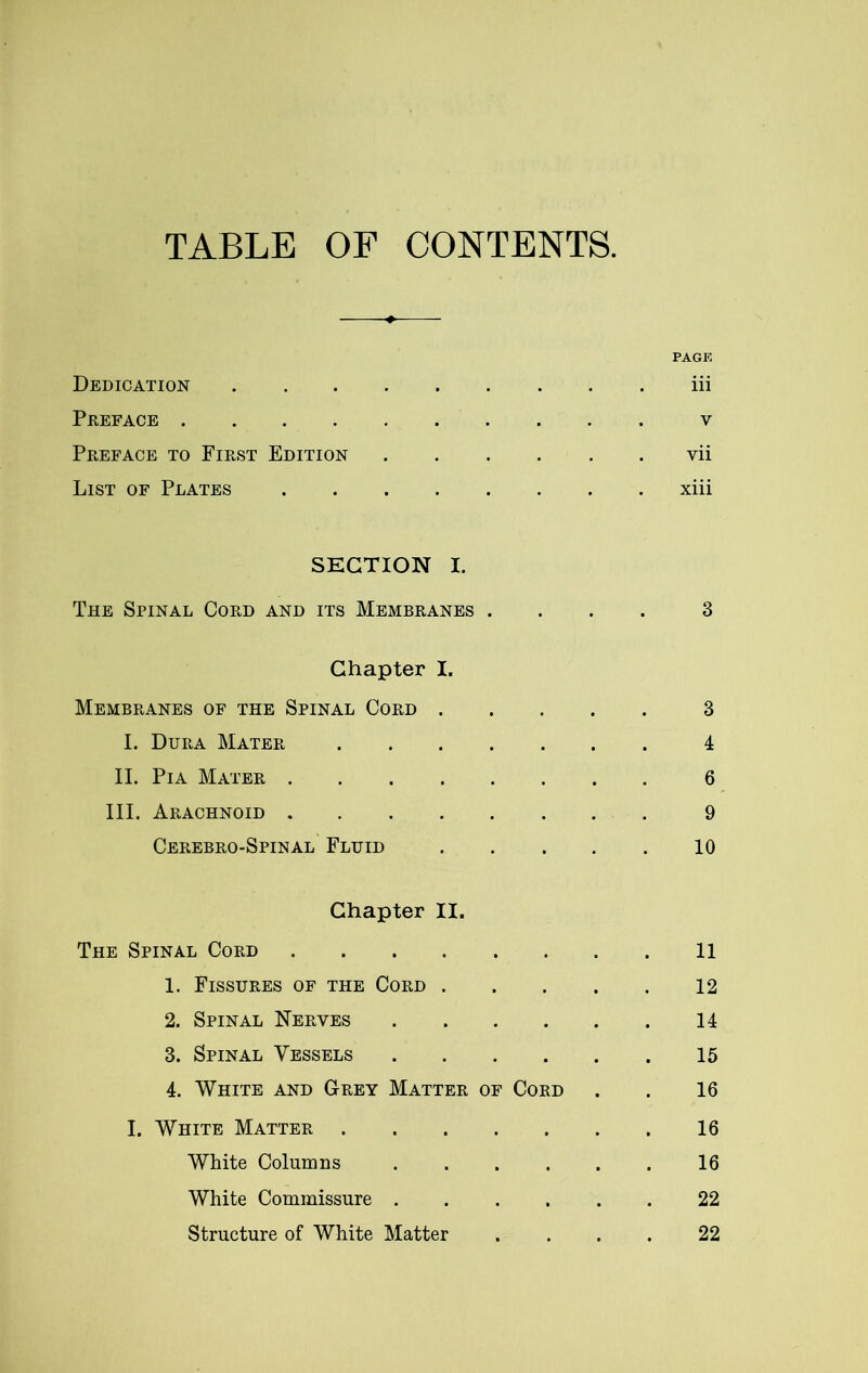 TABLE OF CONTENTS. PAGE Dedication iii Preface v Preface to First Edition vii List of Plates xiii SECTION I. The Spinal Cord and its Membranes .... 3 Chapter I. Membranes of the Spinal Cord 3 I. Dura Mater 4 II. Pia Mater 6 III. Arachnoid 9 Cerebro-Spinal Fluid 10 Chapter II. The Spinal Cord 11 1. Fissures of the Cord 12 2. Spinal Nerves 14 3. Spinal Vessels 15 4. White and Grey Matter of Cord . . 16 I. White Matter 16 White Columns 16 White Commissure 22 Structure of White Matter .... 22