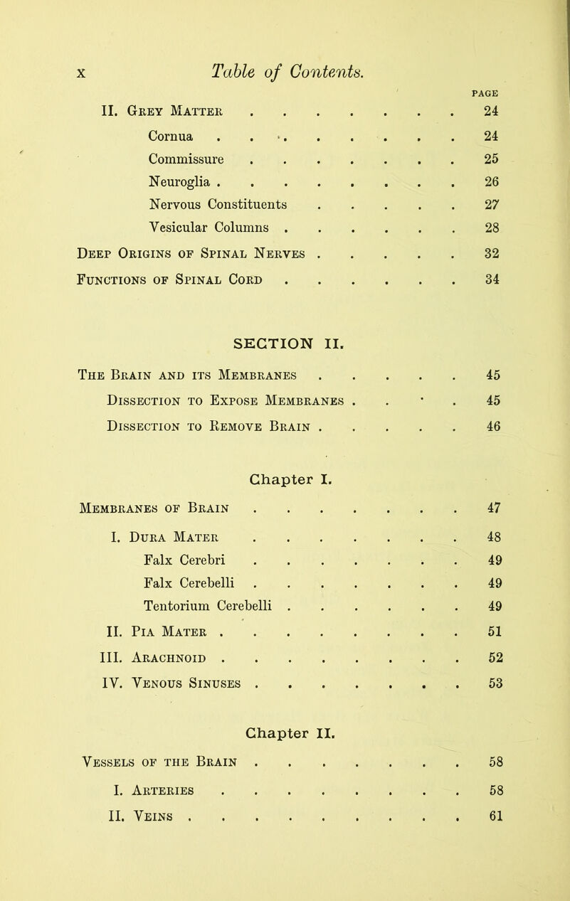 PAGE II. Grey Matter 24 Cornua . . . . . . . 24 Commissure 25 Neuroglia 26 Nervous Constituents 27 Vesicular Columns 28 Deep Origins of Spinal Nerves 32 Functions of Spinal Cord 34 SECTION II. The Brain and its Membranes 45 Dissection to Expose Membranes 45 Dissection to Remove Brain 46 Chapter I. Membranes of Brain 47 I. Dura Mater 48 Falx Cerebri 49 Falx Cerebelli 49 Tentorium Cerebelli 49 II. Pia Mater 51 III. Arachnoid 52 IV. Venous Sinuses 53 Chapter II. Vessels of the Brain 58 58 I. Arteries II. Veins . 61