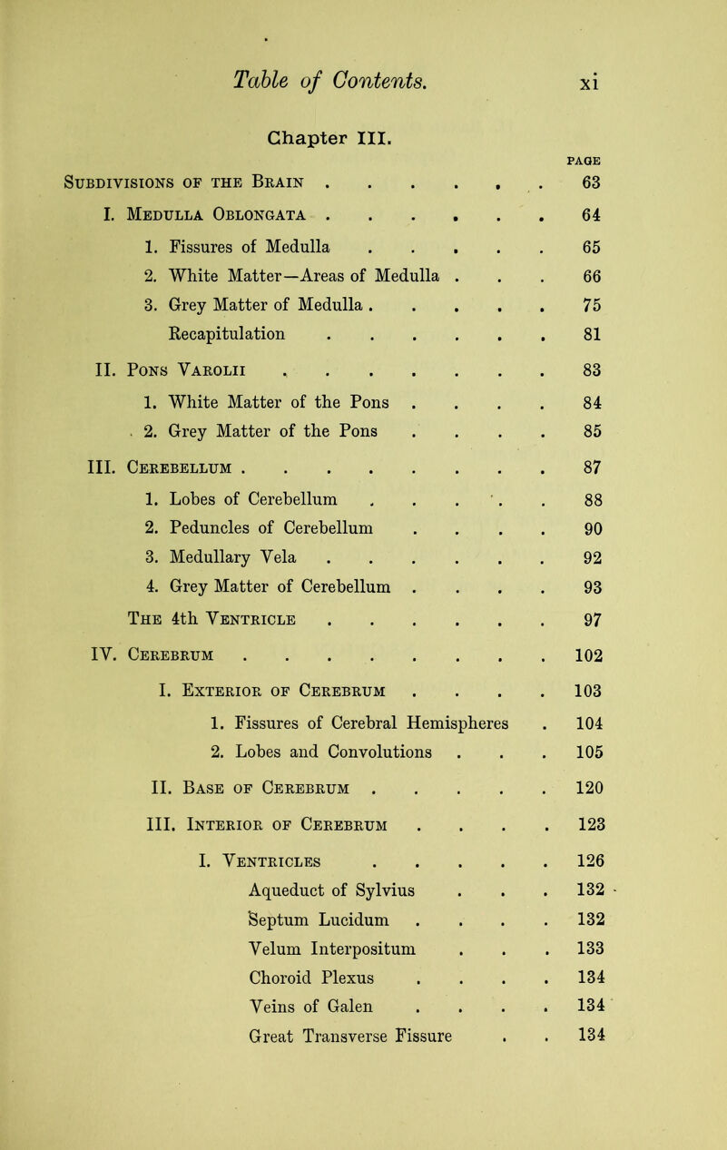 Chapter III. PAGE Subdivisions of the Brain 63 I. Medulla Oblongata 64 1. Fissures of Medulla 65 2. White Matter—Areas of Medulla ... 66 3. Grey Matter of Medulla 75 Recapitulation 81 II. Pons Varolii 83 1. White Matter of the Pons .... 84 . 2. Grey Matter of the Pons .... 85 III. Cerebellum 87 1. Lobes of Cerebellum . . . . 88 2. Peduncles of Cerebellum .... 90 3. Medullary Vela 92 4. Grey Matter of Cerebellum .... 93 The 4th Ventricle 97 IV. Cerebrum 102 I. Exterior of Cerebrum . . . .103 1. Fissures of Cerebral Hemispheres . 104 2. Lobes and Convolutions . . . 105 II. Base of Cerebrum 120 III. Interior of Cerebrum .... 123 I. Ventricles 126 Aqueduct of Sylvius . . . 132 • Septum Lucidum . . . .132 Velum Interpositum . . .133 Choroid Plexus . . . .134 Veins of Galen .... 134 Great Transverse Fissure . . 134