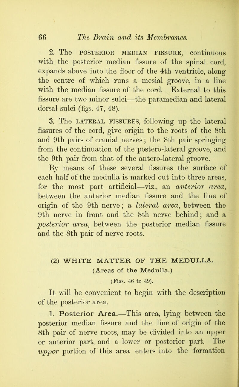 2. The POSTERIOR MEDIAN fissure, continuous with the posterior median fissure of the spinal cord, expands above into the floor of the 4th ventricle, along the centre of which runs a mesial groove, in a line with the median fissure of the cord. External to this fissure are two minor sulci—the paramedian and lateral dorsal sulci (figs. 47, 48). 3. The LATERAL FISSURES, following up the lateral fissures of the cord, give origin to the roots of the 8th and 9th pairs of cranial nerves; the 8th pair springing from the continuation of the postero-lateral groove, and the 9th pair from that of the antero-lateral groove. By means of these several fissures the surface of each half of the medulla is marked out into three areas, for the most part artificial—viz., an anterior area, between the anterior median fissure and the line of origin of the 9th nerve; a lateral area, between the 9th nerve in front and the 8th nerve behind; and a posterior area, between the posterior median fissure and the 8th pair of nerve roots. (2) WHITE MATTER OF THE MEDULLA. (Areas of the Medulla.) (Figs. 46 to 49). It will be convenient to begin with the description of the posterior area. 1. Posterior Area.—This area, lying between the posterior median fissure and the line of origin of the 8th pair of nerve roots, may be divided into an upper or anterior part, and a lower or posterior part. The upper portion of this area enters into the formation