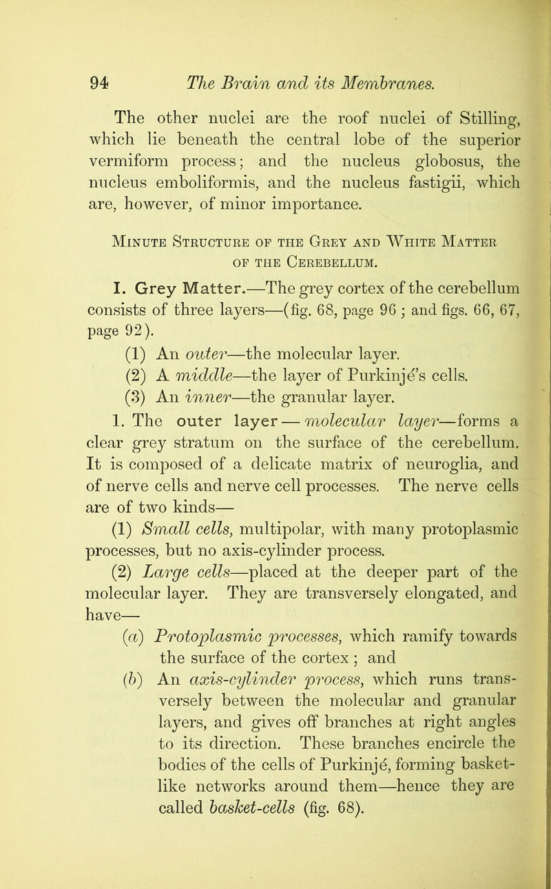 The other nuclei are the roof nuclei of Stilling, which lie beneath the central lobe of the superior vermiform process; and the nucleus globosus, the nucleus emboliformis, and the nucleus fastigii, which are, however, of minor importance. Minute Structure of the Grey and White Matter of the Cerebellum. I. Grey Matter.—The grey cortex of the cerebellum consists of three layers—(fig. 68, page 96 ; and figs. 66, 67, page 92). (1) An outer—the molecular layer. (2) A middle—the layer of Purkinjd’s cells. (3) An inner—the granular layer. 1. The outer layer — molecular layer—forms a clear grey stratum on the surface of the cerebellum. It is composed of a delicate matrix of neuroglia, and of nerve cells and nerve cell processes. The nerve cells are of two kinds— (1) Small cells, multipolar, with many protoplasmic processes, but no axis-cylinder process. (2) Large cells—placed at the deeper part of the molecular layer. They are transversely elongated, and have— (a) Protoplasmic processes, which ramify towards the surface of the cortex ; and (.b) An axis-cylinder process, which runs trans- versely between the molecular and granular layers, and gives off branches at right angles to its direction. These branches encircle the bodies of the cells of Purkinje, forming basket- like networks around them—hence they are called basket-cells (fig. 68).