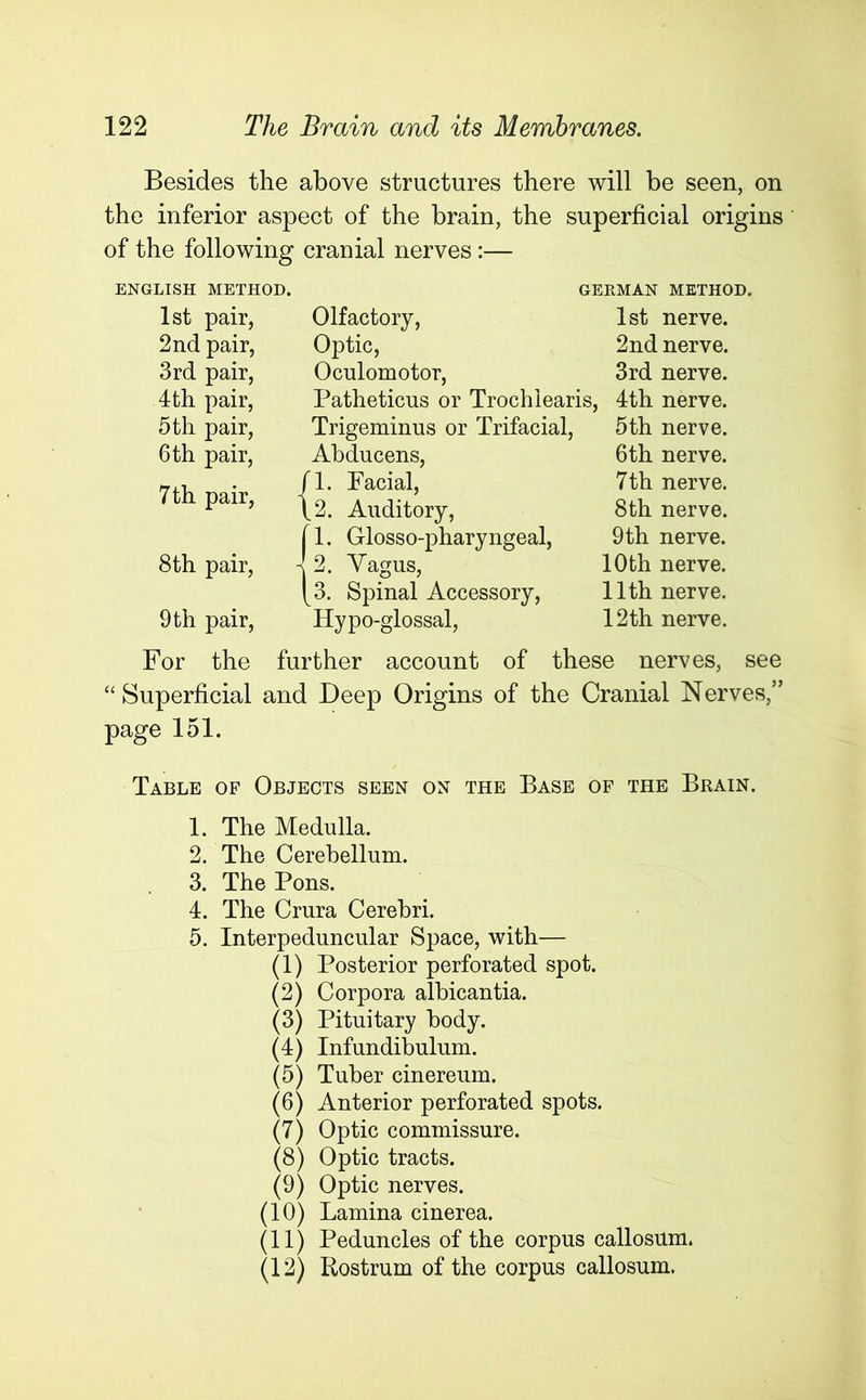 Besides the above structures there will be seen, on the inferior aspect of the brain, the superficial origins of the following cranial nerves:— ENGLISH METHOD. GERMAN METHOD. 1st pair, Olfactory, 1st nerve. 2nd pair, Optic, Oculomotor, 2nd nerve. 3rd pair, 3rd nerve. 4th pair, Patheticus or Trochlearis, 4th nerve. 5 th pair, Trigeminus or Trifacial, 5th nerve. 6 th pair, Abducens, 6th nerve. fl. Facial, 7th nerve. 7 th pair, i [2. Auditory, 8th nerve. 8th pair, i f 1. Glosso-pharyngeal, 2. Yagus, 9th nerve. 10th nerve. 1 9 th pair, [3. Spinal Accessory, Hypo-glossal, 11th nerve. 12th nerve. For the further account of these nerves, see “ Superficial and Deep Origins of the Cranial Nerves,” page 151. Table of Objects seen on the Base of the Brain. 1. The Medulla. 2. The Cerebellum. 3. The Pons. 4. The Crura Cerebri. 5. Interpeduncular Space, with— (1) Posterior perforated spot. (2) Corpora albicantia. (3) Pituitary body. (4) Infundibulum. (5) Tuber cinereum. (6) Anterior perforated spots. (7) Optic commissure. (8) Optic tracts. (9) Optic nerves. (10) Lamina cinerea. (11) Peduncles of the corpus callosum. (12) Rostrum of the corpus callosum.