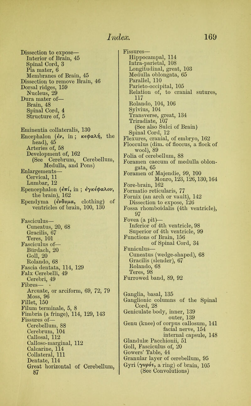 Dissection to expose— Interior of Brain, 45 Spinal Cord, 3 Pia mater, 6 Membranes of Brain, 45 Dissection to remove Brain, 46 Dorsal ridges, 159 Nucleus, 29 Dura mater of— Brain, 48 Spinal Cord, 4 Structure of, 5 Eminentia collateralis, 130 Encephalon (eV, in; KecpaArj. the head), 45 Arteries of, 58 Development of, 162 (See Cerebrum, Cerebellum, Medulla, and Pons) Enlargements— Cervical, 11 Lumbar, 12 Epencephalon (eirl, in ; eytcecpakov, the brain), 162 Ependyma (ivSv/xa, clothing) of ventricles of brain, 100, 130 Fasciculus— Cuneatus, 20, 68 Gracilis, 67 Teres, 101 Fasciculus of— Btirdach, 20 Goll, 20 Kolando, 68 Fascia dentata, 114, 129 Falx Cerebelli, 49 Cerebri, 49 Fibres— * Arcuate, or arciform, 69, 72, 79 Moss, 96 Fillet, 150 Filum terminale, 5, 8 Fimbria (a fringe), 114, 129, 143 Fissures of— Cerebellum, 88 Cerebrum, 104 Callosal, 112 Calloso-marginal, 112 Calcarine, 114 Collateral, 111 Dentate, 114 Great horizontal of Cerebellum, 87 Fissures— Hippocampal, 114 Intra-parietal, 108 Longitudinal, great, 103 Medulla oblongata, 65 Parallel, 110 Parieto-o.ccipital, 105 Relation of, to cranial sutures, 117 Rolando, 104, 106 Sylvius, 104 Transverse, great, 134 Triradiate, 107 (See also Sulci of Brain) Spinal Cord, 12 Flexures, cranial, of embryo, 162 Flocculus (dim. of floccus, a flock of wool), 89 Folia of cerebellum, 88 Foramen caecum of medulla oblon- gata, 65 Foramen of Majendie, 99, 100 Monro, 123,126,130,164 Fore-brain, 162 Formatio reticularis, 77 Fornix (an arch or vault), 142 Dissection to expose, 126 Fossa rhomboidalis (4th ventricle), 97 Fovea (a pit)— Inferior of 4th ventricle, 98 Superior of 4th ventricle, 99 Functions of Brain, 156 of Spinal Cord, 34 Funiculus— Cuneatus (wedge-shaped), 68 Gracilis (slender), 67 Rolando, 68 Teres, 98 Furrowed band, 89, 92 Ganglia, basal, 135 Ganglionic columns of the Spinal Cord, 28 Geniculate body, inner, 139 outer, 139 Genu (knee) of corpus callosum, 141 facial nerve, 154 internal capsule, 148 Glandulse Pacchionii, 51 Goll, Fasciculus of, 20 Gowers’ Table, 44 Granular layer of cerebellum, 95 Gyri (yvpo?, a ring) of brain, 105 (See Convolutions)