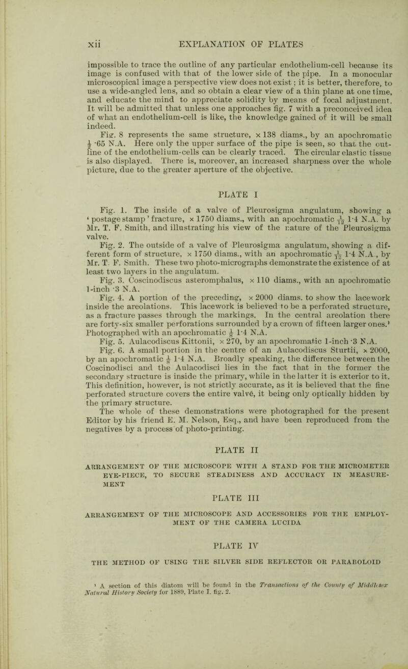 impossible to trace the outline of any particular endothelium-cell because its image is confused with that of the lower side of the pipe. In a monocular microscopical image a perspective view does not exist; it is better, therefore, to use a wide-angled lens, and so obtain a clear view of a thin plane at one time, and educate the mind to appreciate solidity by means of focal adjustment. It will be admitted that unless one approaches fig. 7 with a preconceived idea of what an endothelium-cell is like, the knowledge gained of it will be small indeed. Fig. 8 represents the same structure, x 138 diams., by an apochromatic £ *65 N.A. Here only the upper surface of the pipe is seen, so that the out- line of the endothelium-cells can be clearly traced. The circular elastic tissue is also displayed. There is, moreover, an increased sharpness over the whole picture, due to the greater aperture of the objective. PLATE I Fig. 1. The inside of a valve of Pleurosigma angulatum, showing a ‘ postage stamp ’ fracture, x 1750 diams., with an apochromatic i 1*4 N.A. by Mr. T. F. Smith, and illustrating his view of the nature of the Pleurosigma valve. Fig. 2. The outside of a valve of Pleurosigma angulatum, showing a dif- ferent form of structure, x 1750 diams., with an apochromatic ~ 1*4 N.A., by Mr. T. F. Smith. These two photo-micrographs demonstrate the existence of at least two layers in the angulatum. Fig. 3. Coscinodiscus asteromphalus, x 110 diams., with an apochromatic 1-inch *3 N.A. Fig. 4. A portion of the preceding, x 2000 diams. to show the lacework inside the areolations. This lacework is believed to be a perforated structure, as a fracture passes through the markings. In the central areolation there are forty-six smaller perforations surrounded by a crown of fifteen larger ones.1. Photographed with an apochromatic ^ 1*4 N.A. Fig. 5. Aulacodiscus Kittonii, x 270, by an apochromatic 1-inch *3 N.A. Fig. 6. A small portion in the centre of an Aulacodiscus Sturtii, x 2000, by an apochromatic ^ 1*4 N.A. Broadly speaking, the difference between the Coscinodisci and the Aulacodisci lies in the fact that in the former the secondary structure is inside the primary, while in the latter it is exterior to it. This definition, however, is not strictly accurate, as it is believed that the fine perforated structure covers the entire valve, it being only optically hidden by the primary structure. The whole of these demonstrations were photographed for the present Editor by his friend E. M. Nelson, Esq., and have been reproduced from the negatives by a process of photo-printing. PLATE II ARRANGEMENT OF THE MICROSCOPE WITH A STAND FOR THE MICROMETER EYE-PIECE, TO SECURE STEADINESS AND ACCURACY IN MEASURE- MENT PLATE III ARRANGEMENT OF THE MICROSCOPE AND ACCESSORIES FOR THE EMPLOY- MENT OF THE CAMERA LUCIDA PLATE IV THE METHOD OF USING THE SILVER SIDE REFLECTOR OR PARABOLOID 1 A section of this diatom will be found in the Transactions of the County of Middlesex