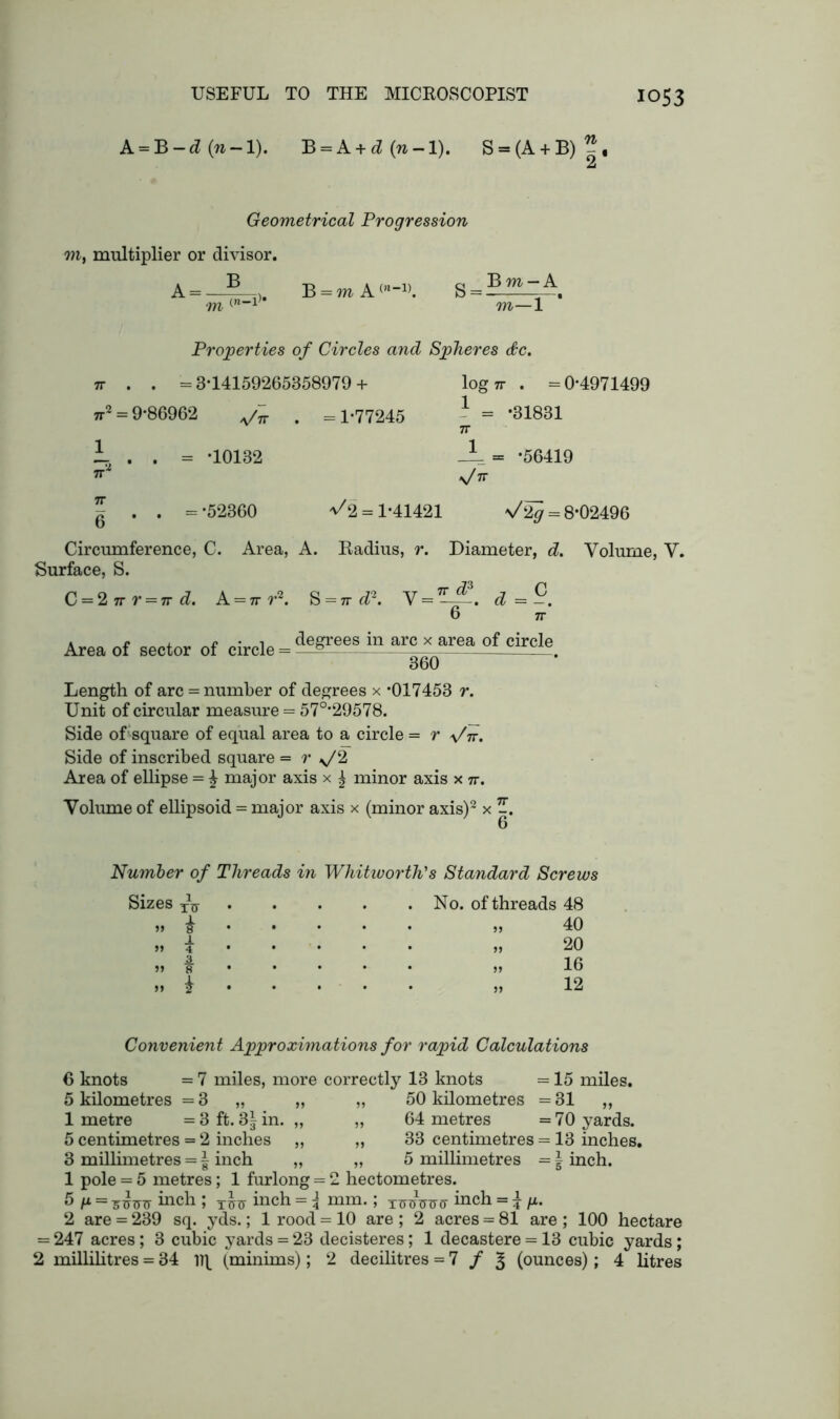 A = B-d (w-1). B = A + d(rc-l). S = (A + B)^, 2 Geometrical Progression m, multiplier or divisor. A = —?B = mA<“-« s _ Bm —A m <”-1> m—1 Properties of Circles and Spheres dc. 7r . . =3-14159265358979+ log tt . =0*4971499 tt2 = 9*86962 . = 1*77245 1 = *31831 TT i. . . = *10132 _JL= *56419 7T2 Vtt | . . = *52360 ^2 = 1*41421 n/2^ = 8*02496 Circumference, C. Area, A. Radius, r. Diameter, d. Volume, V. Surface, S. C = 2 7r r = 7r <7. A = 7r r2. S = 7r d~. V = 7L^-. d 6 7T Area of sector of circle = A^ees in ar° * area of circle. 360 Length of arc = number of degrees x *017453 r. Unit of circular measure = 57°*29578. Side ofsquare of equal area to a circle = r vV. Side of inscribed square = r -y/2 Area of ellipse = £ major axis x ± minor axis x tv. Volume of ellipsoid = major axis x (minor axis)2 x Number of Threads in Whitworth's Standard Screws Sizes TV No. of threads 48 » 8 »> 4 „ f >» i 40 20 16 12 Convenient Approximations for rapid Calculations 6 knots = 7 miles, more correctly 13 knots = 15 miles. 5 kilometres = 3 „ „ „ 50 kilometres = 31 „ 1 metre =3 ft. 3|in. „ „ 64 metres =70 yards. 5 centimetres = 2 inches „ „ 33 centimetres = 13 inches. 3 millimetres = | inch „ „ 5 millimetres = | inch. 1 pole = 5 metres; 1 furlong = 2 hectometres. 5 p = sittht hich ; inch = { mm.; inch = \ fi. 2 are = 239 sq. yds.; 1 rood = 10 are ; 2 acres = 81 are ; 100 hectare = 247 acres; 3 cubic yards = 23 decisteres; 1 decastere = 13 cubic yards; 2 millilitres = 34 iq (minims); 2 decilitres = 7/3 (ounces); 4 litres