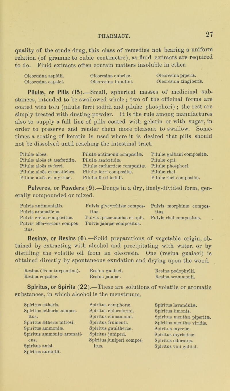 quality of the crude drug, this class of remedies not bearing a uniform relation (of gramme to cubic centimetre), as fluid extracts are required to do. Fluid extracts often contain matters insoluble in ether. Oleoresina aspidii. Oleoresina cubebae. Oleoresina piperis. Oleoresina capsici. Oleoresiua lupuliiii. Oleoresiua zingiberis. Pilulae, or Pills (15).—Small, spherical masses of medicinal sub- stances, intended to be swallowed whole; two of the oflicinal forms are coated with tolu (pilulae ferri iodidi and pilulae phosphor!) ; the rest are simply treated with dusting-powder. It is the rule among manufactures also to supply a full line of pills coated with gelatin or with sugar, in order to preserve and render them more pleasant to swallow. Some- times a coating of keratin is used where it is desired that pills should not be dissolved until reaching the intestinal tract. Pilulas alo6s. Pilulae antimonii composite. Pilulae galbani compositae. Pilulae aloes et asafoetidae. Pilulae asafoetidae. Pilulae opii. Pilulae aloes et ferri. Pilulae catharticae compositae. Pilulae phosphori. Pilulae aloes et masticbes. Pilulae ferri compositae. Pilulae rhei. Pilulae aloes et myrrbae. Pilulae ferri iodidi. Pilulae rbei compositae. Pulvepes, or Powders (9).—Drugs in a dry, finel3^-divided form, gen- erally compounded or mixed. Pulvis antimonialis. Pulvis glycyrrhizae compos- Pulvis morphinae compos- Pulvis aromaticus. itus. itus. Pulvis cretae compositus. Pulvis ipecacuanhas et opii. Pulvis rhei compositus. Pulvis efifervescens compos- Pulvis jalapae compositus. itus. Resinae, or Resins (6).—Solid preparations of vegetable origin, ob- tained b} extracting with alcohol and precipitating with water, or by distilling the volatile oil from an oleoresin. One (resina guaiaci) is obtained directly bj^ spontaneous exudation and diying upon the wood. Resina (from turpentine). Resina guaiaci. Resina podophylli. Resina copaibae. Resina jalapae. Resina scammonii. Spiritus, or Spirits (22 ).—These are solutions of volatile or aromatic substances, in which alcohol is the menstruum. Spiritus aetheris. Spiritus aetheris compos- itus. Spiritus aetheris nitrosi. Spiritus ammoniae. Spiritus ammoniae aromati- cus. Spiritus anisi. Spiritus aurantii. Spiritus camphorae. Spiritus chloroformi. Spiritus cinnamomi. Spiritus frumenti. Spiritus gaultheriae. Spiritus juniperi. Spiritus juniper! compos- itus. Spiritus lavandulae. Spiritus limonis. Spiritus menthae piperitae. Spiritus menthae viridis. Spiritus m5'rciae. Spiritus myristicae. Spiritus odoratus. Spiritus vini gallici.