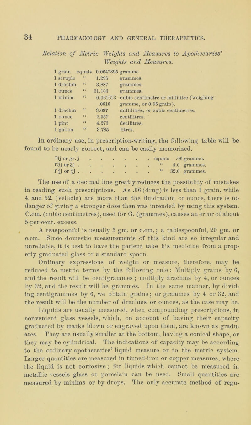 Relation of Metric Weights and Measures to Apothecaries'* Weights and Measures. 1 grain equals 0.0647895 gramme. 1 scruple a 1.295 grammes. 1 drachm u 3.887 grammes. 1 ounce u 31.103 grammes. 1 minim u 0.061613 cubic centimetre or millilitre (w .0616 gramme, or 0.95 grain). 1 drachm a 3.697 millilitres, or cubic centimetres. 1 ounce u 2.957 centilitres. 1 pint (( 4.273 decilitres. 1 gallon u 3.785 litres. In ordinary use, in prescription-writing, the following table will be found to be nearly correct, and can be easily memorized. nij or gr. j equals .06 gramme. f3j or3j “ 4.0 grammes. f^jor^j “ 82.0 grammes. The use of a decimal line greatly reduces the possibility of mistakes in reading such prescriptions. As .06 (drug) is less than 1 grain, while 4. and 32. (vehicle) are more than the fluidrachm or ounce, there is no danger of giving a stronger dose than was intended by using this system. C.cm. (cubic centimetres), used for G. (grammes), causes an error of about 5-per-cent, excess. A teaspoonful is usually 5 gm. or c.cm.; a tablespoonful, 20 gm. or c.cm. Since domestic measurements of this kind are so irregular and unreliable, it is best to have the patient take his medicine from a prop- erly graduated glass or a standard spoon. Ordinary expressions of weight or measure, therefore, may be reduced to metric terms b}^ the following rule : INEultipl}' grains by 6, and the result will be centigrammes ; multiply drachms b}^ 4, or ounces by 32, and the result will be grammes. In the same manner, b} divid- ing centigrammes by 6, we obtain grains; or grammes by 4 or 32, and the result will be the number of drachms or ounces, as the case ma}^ be. Liquids are usually measured, when compounding prescriptions, in convenient glass vessels, which, on account of having their capacity graduated by marks blown or engraved upon them, are known as gradu- ates. The}'- are usually smaller at the bottom, having a conical shape, or they may be c^dindrical. The indications of capacity may be according to the ordinary apothecaries’ liquid measure or to the metric S3'stem. Larger quantities are measured in tinned-iron or copper measures, where the liquid is not corrosive ; for liquids which cannot be measured in metallic vessels glass or porcelain can be used. Small quantities are measured by minims or by drops. The onl}' accurate method of regu-