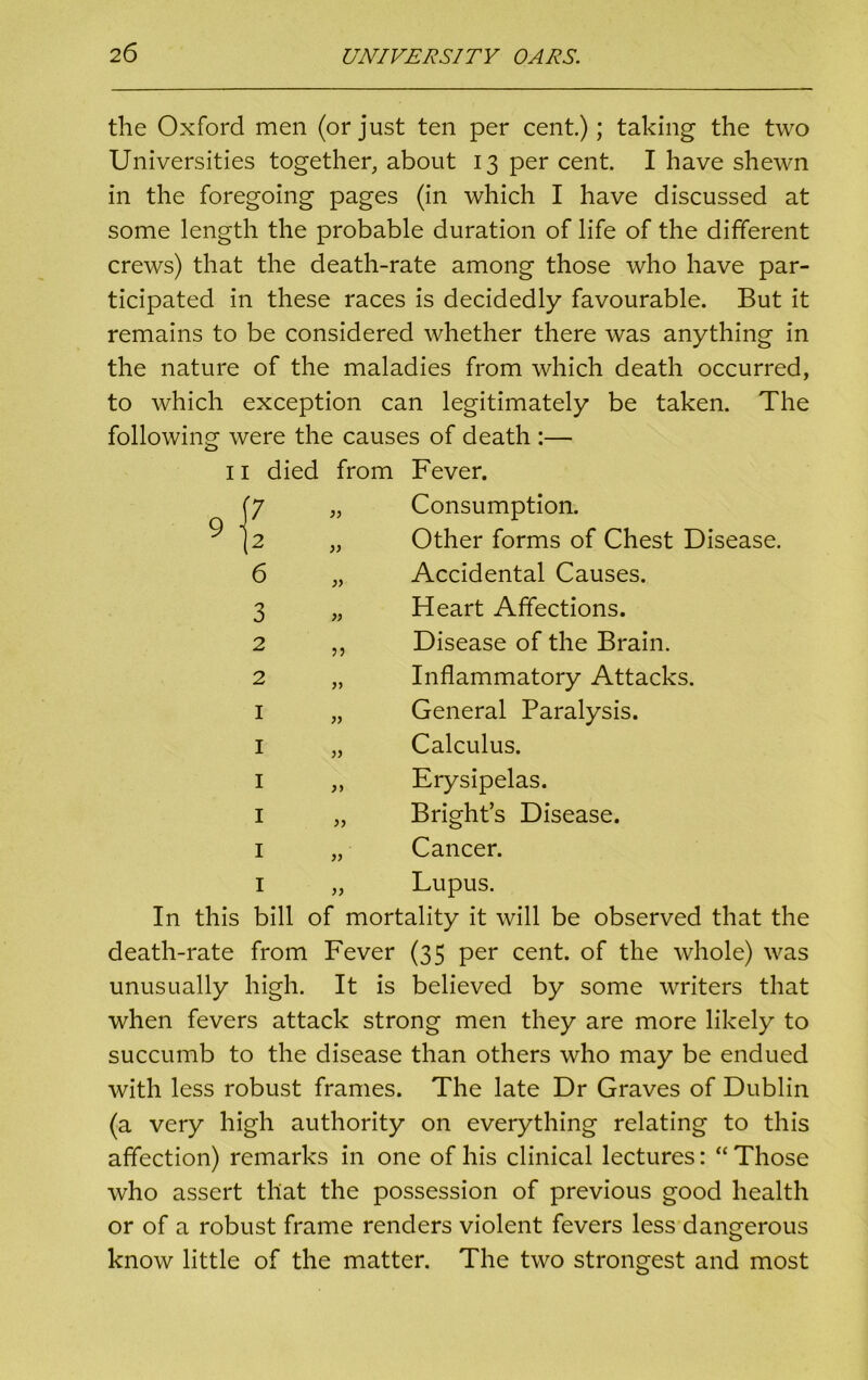 the Oxford men (or just ten per cent.); taking the two Universities together, about 13 per cent. I have shewn in the foregoing pages (in which I have discussed at some length the probable duration of life of the different crews) that the death-rate among those who have par- ticipated in these races is decidedly favourable. But it remains to be considered whether there was anything in the nature of the maladies from which death occurred, to which exception can legitimately be taken. The following were the causes of death :— 11 died from Fever. Consumption. Other forms of Chest Disease. Accidental Causes. Heart Affections. Disease of the Brain. Inflammatory Attacks. General Paralysis. Calculus. Erysipelas. Brights Disease. Cancer. Lupus. In this bill of mortality it will be observed that the death-rate from Fever (35 per cent, of the whole) was unusually high. It is believed by some writers that when fevers attack strong men they are more likely to succumb to the disease than others who may be endued with less robust frames. The late Dr Graves of Dublin (a very high authority on everything relating to this affection) remarks in one of his clinical lectures: “Those who assert that the possession of previous good health or of a robust frame renders violent fevers less dangerous know little of the matter. The two strongest and most 6 3 2 2 1 1 1 1 1 1