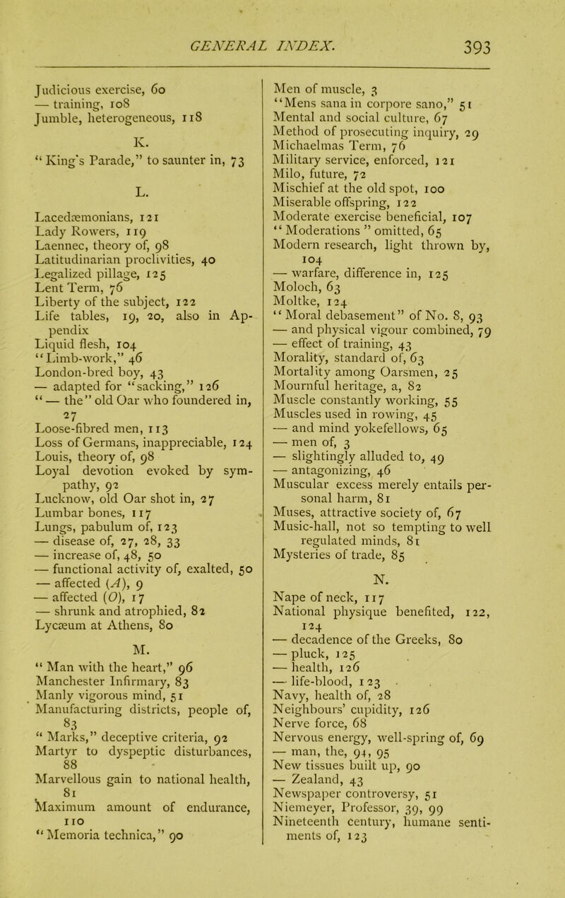 Judicious exercise, 60 — training, 10S Jumble, heterogeneous, 118 K. “ King's Parade,” to saunter in, 73 L. Lacedaemonians, 121 Lady Rowers, 119 Laennec, theory of, 98 Latitudinarian proclivities, 40 Legalized pillage, 125 Lent Term, 76 Liberty of the subject, 122 Life tables, 19, 20, also in Ap- pendix Liquid flesh, 104 “Limb-work,” 46 London-bred boy, 43 — adapted for “sacking,” 126 “ — the” old Oar who foundered in, 27 Loose-fibrecl men, 113 Loss of Germans, inappreciable, 124 Louis, theory of, 98 Loyal devotion evoked by sym- pathy, 92 Lucknow, old Oar shot in, 27 Lumbar bones, 117 Lungs, pabulum of, 123 — disease of, 27, 28, 33 — increase of, 48, 50 — functional activity of, exalted, 50 — affected {A), 9 — affected (0), 17 — shrunk and atrophied, 82 Lycreum at Athens, 80 M. “ Man with the heart,” 96 Manchester Infirmary, 83 Manly vigorous mind, 51 Manufacturing districts, people of, 83 “ Marks,” deceptive criteria, 92 Martyr to dyspeptic disturbances, 88 Marvellous gain to national health, 81 Maximum amount of endurance, no “Memoria technica,” 90 Men of muscle, 3 “Mens sana in corpore sano,” 51 Mental and social culture, 67 Method of prosecuting inquiry, 29 Michaelmas Term, 76 Military service, enforced, 121 Milo, future, 72 Mischief at the old spot, 100 Miserable offspring, 122 Moderate exercise beneficial, 107 “ Moderations ” omitted, 65 Modern research, light thrown by, 104 — warfare, difference in, 125 Moloch, 63 Moltke, 124 “Moral debasement” of No. 8, 93 — and physical vigour combined, 79 — effect of training, 43 Morality, standard of, 63 Mortality among Oarsmen, 25 Mournful heritage, a, 82 Muscle constantly working, 55 Muscles used in rowing, 45 — and mind yokefellows, 65 — men of, 3 — slightingly alluded to, 49 — antagonizing, 46 Muscular excess merely entails per- sonal harm, 81 Muses, attractive society of, 67 Music-hall, not so tempting to well regulated minds, 81 Mysteries of trade, 85 N. Nape of neck, 117 National physique benefited, 122, 124 — decadence of the Greeks, 80 — pluck, 125 — health, 126 — life-blood, 123 Navy, health of, 28 Neighbours’ cupidity, 126 Nerve force, 68 Nervous energy, well-spring of, 69 — man, the, 94, 95 New tissues built up, 90 — Zealand, 43 Newspaper controversy, 51 Niemeyer, Professor, 39, 99 Nineteenth century, humane senti- ments of, 123