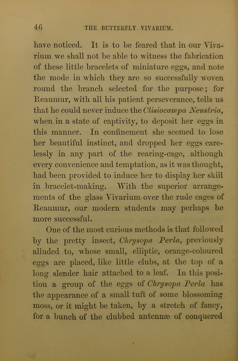 have noticed. It is to be feared that in our Viva- rium we shall not he able to witness the fabrication of these little bracelets of miniature eggs, and note the mode in which they are so successfully woven round the branch selected for the purpose; for Reaumur, with all his patient perseverance, tells us that he could never induce the Clisiocampa Neustrici, when in a state of captivity, to deposit her eggs in this manner. In confinement she seemed to lose her beautiful instinct, and dropped her eggs care- lessly in any part of the rearing-cage, although every convenience and temptation, as it was thought, had been provided to induce her to display her skill in bracelet-making. With the superior arrange- ments of the glass Vivarium over the rude cages of Reaumur, our modern students may perhaps he more successful. One of the most curious methods is that followed by the pretty insect, Chrysopa Per la, previously alluded to, whose small, elliptic, orange-coloured eggs are placed, like little clubs, at the top of a long slender hair attached to a leaf. In this posi- tion a group of the eggs of Chrysopa Perla has the appearance of a small tuft of some blossoming moss, or it might be taken, by a stretch of fancy, for a bunch of the clubbed antennae of conquered