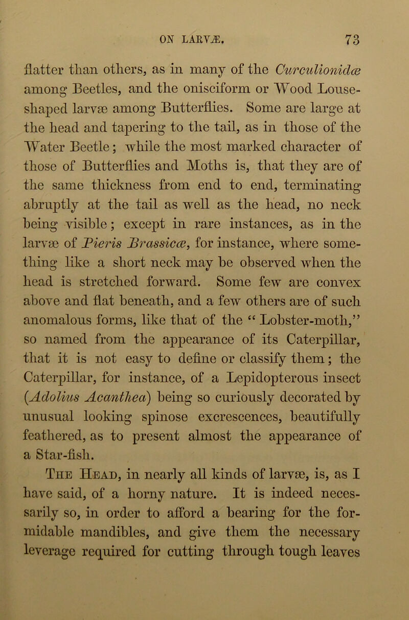 flatter than others, as in many of the Curculionidce among Beetles, and the onisciform or Wood Louse- shaped larvae among Butterflies. Some are large at the head and tapering to the tail, as in those of the Water Beetle; while the most marked character of those of Butterflies and Moths is, that they are of the same thickness from end to end, terminating abruptly at the tail as well as the head, no neck being visible; except in rare instances, as in the larvae of Bieris Brcissicce, for instance, where some- thing like a short neck may he observed when the head is stretched forward. Some few are convex above and flat beneath, and a few others are of such anomalous forms, like that of the “ Lobster-moth,” so named from the appearance of its Caterpillar, that it is not easy to define or classify them; the Caterpillar, for instance, of a Lepidopterous insect (Adolius Acantliea) being so curiously decorated by unusual looking spinose excrescences, beautifully feathered, as to present almost the appearance of a Star-fisli. The Head, in nearly all kinds of larvae, is, as I have said, of a horny nature. It is indeed neces- sarily so, in order to afford a bearing for the for- midable mandibles, and give them the necessary leverage required for cutting through tough leaves