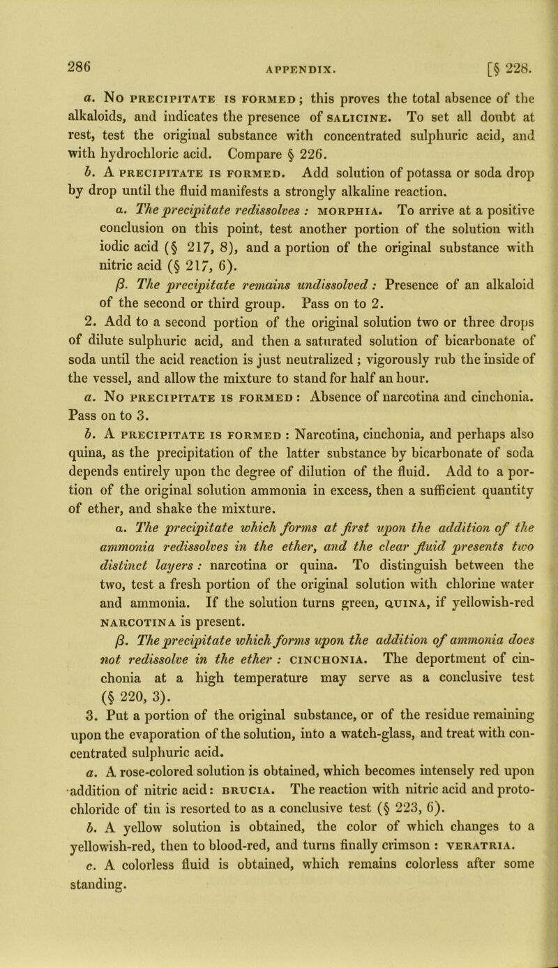 a. No precipitate is formed ; this proves the total absence of the alkaloids, and indicates the presence of salicine. To set all doubt at rest, test the original substance with concentrated sulphuric acid, and with hydrochloric acid. Compare § 226. b. A precipitate is formed. Add solution of potassa or soda drop by drop until the fluid manifests a strongly alkaline reaction. a. The 'precipitate redissolves : morphia. To arrive at a positive conclusion on this point, test another portion of the solution with iodic acid (§ 217, 8), and a portion of the original substance with nitric acid (§ 217, 6). /3. The precipitate remains undissolved: Presence of an alkaloid of the second or third group. Pass on to 2. 2. Add to a second portion of the original solution two or three drops of dilute sulphuric acid, and then a saturated solution of bicarbonate of soda until the acid reaction is just neutralized ; vigorously rub the inside of the vessel, and allow the mixture to stand for half an hour. a. No precipitate is formed : Absence of narcotina and cinchonia. Pass on to 3. b. A precipitate is formed : Narcotina, cinchonia, and perhaps also quina, as the precipitation of the latter substance by bicarbonate of soda depends entirely upon the degree of dilution of the fluid. Add to a por- tion of the original solution ammonia in excess, then a sufficient quantity of ether, and shake the mixture. a. The precipitate which forms at first upon the addition of the ammonia redissolves in the ether, and the clear fluid presents tivo distinct layers: narcotina or quina. To distinguish between the two, test a fresh portion of the original solution with chlorine water and ammonia. If the solution turns green, quina, if yellowish-red narcotina is present. /3. The precipitate which forms upon the addition of ammonia does not redissolve in the ether : cinchonia. The deportment of cin- chonia at a high temperature may serve as a conclusive test (§ 220, 3). 3. Put a portion of the original substance, or of the residue remaining upon the evaporation of the solution, into a watch-glass, and treat with con- centrated sulphuric acid. a. A rose-colored solution is obtained, which becomes intensely red upon •addition of nitric acid: brucia. The reaction with nitric acid and proto- chloride of tin is resorted to as a conclusive test (§ 223, 6). b. A yellow solution is obtained, the color of which changes to a yellowish-red, then to blood-red, and turns finally crimson : veratria. c. A colorless fluid is obtained, which remains colorless after some standing.