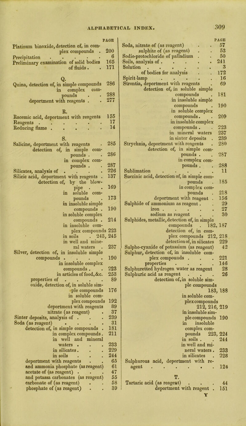 PAGE Platinum binoxide, detection of, in com- plex compounds . 200 Precipitation • • • • 6 Preliminary examination of solid bodies 165 of fluids . . 171 Q; Quina, detection of, in simple compounds 286 in complex com- pounds . • 288 deportment with reagents . .277 R. Racemic acid, deportment with reagents 155 Reagents . . . . . .17 Reducing flame . . . . .14 S. 285 286 287 226 137 169 173 190 214 Salicine, deportment with reagents detection of, in simple com- pounds . in complex com- pounds . Silicates, analysis of . Silicic acid, deportment with reagents . detection of, by the blow- pipe in soluble com- pounds in insoluble simple compounds . in soluble complex compounds . in insoluble com- plex compounds 223 in soils . 243, 245 in well and mine- ral waters Silver, detection of, in insoluble simple compounds .... in insoluble complex compounds . in articles of food,&c. properties of . oxide, detection of, in soluble sim- ple compounds in soluble com- plex compounds 192 deportment with reagents 89 nitrate (as reagent) Sinter deposits, analysis of . Soda (as reagent) . detection of, in simple compounds in complex compounds in well and minera waters . in silicates. in soils deportment with reagents and ammonia phosphate (as reagent) acetate of (as reagent) . and potassa carbonates (as reagent) carbonate of (as reagent) phosphate of (as reagent) 237 190 223 253 89 176 37 239 31 181 211 233 229 244 65 61 47 55 58 39 PAGE Soda, nitrate of (as reagent) . . 57 sulphite of (as reagent) . . 53 Sodio-protochloride of palladium . . 50 Soils, analysis of. . . . .241 Solution ...... 3 of bodies for analysis . . 172 Spirit-lamp . . . . .16 Strontia, deportment with reagents . 69 detection of, in soluble simple compounds . 181 in insoluble simple compounds . 190 in soluble complex compounds. . 209 in insoluble complex compounds . .223 in mineral waters 237 in sinter deposits . 239 Strychnia, deportment with reagents . 2S0 detection of, in simple com- pounds . . 2S7 in complex com- pounds . . 288 Sublimation . . . . .11 Succinic acid, detection of, in simple com- pounds . 185 in complex com- pounds . 21S deportment with reagent . 156 Sulphide of ammonium as reagent. . 29 iron ..... 27 sodium as reagent . . 30 Sulphides, metallic, detection of, in simple compounds . 182, 187 detection of, in com- plex compounds 212, 218 detection of, in silicates 229 Sulpho-cyanide of potassium (as reagent) 42 Sulphur, detection of, in insoluble com- plex compounds . . . 221 properties . . . .146 Sulphuretted hydrogen water as reagent 28 Sulphuric acid as reagent ... 26 detection of, in soluble sim- ple compounds 183, 188 in soluble com- plex compounds 212, 216, 219 in insoluble sim- ple compounds 190 in insoluble complex com- pounds 223, 224 in soils . . 244 in well and mi- neral waters. 233 in silicates . 228 Sulphurous acid, deportment with re- agent ...... 124 T. Tartaric acid (as reagent) ... 44 deportment with reagent . 151