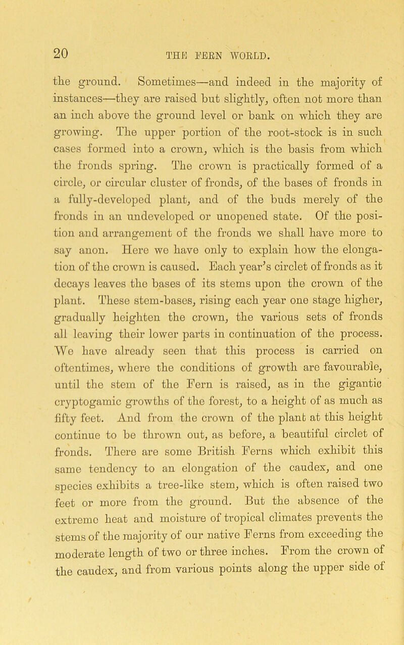 the ground. Sometimes—and indeed in the majority of instances—they are raised hut slightly, often not more than an inch above the ground level or bank on which they are growing. The upper portion of the root-stock is in such cases formed into a crown, which is the basis from which the fronds spring. The crown is practically formed of a circle, or circular cluster of fronds, of the bases of fronds in a fully-developed plant, and of the buds merely of the fronds in an undeveloped or unopened state. Of the posi- tion and arrangement of the fronds we shall have more to say anon. Here we have only to explain how the elonga- tion of the ci’own is caused. Each yearns circlet of fronds as it decays leaves the bases of its stems upon the crown of the plant. These stem-bases, rising each year one stage higher, gradually heighten the crown, the various sets of fronds all leaving their lower parts in continuation of the process. We have already seen that this process is carried on oftentimes, where the conditions of growth are favourable, until the stem of the Fern is raised, as in the gigantic cryptogamic growths of the foi’est, to a height of as much as fifty feet. And from the crown of the plant at this height continue to be thrown out, as before, a beautiful circlet of fronds. There are some British Ferns which exhibit this same tendency to an elongation of the caudex, and one species exhibits a tree-like stem, which is often raised two feet or more from the ground. But the absence of the extreme heat and moisture of tropical climates prevents the stems of the majority of our native Ferns from exceeding the moderate length of two or three inches. From the crown of the caudex, and from various points along the upper side of