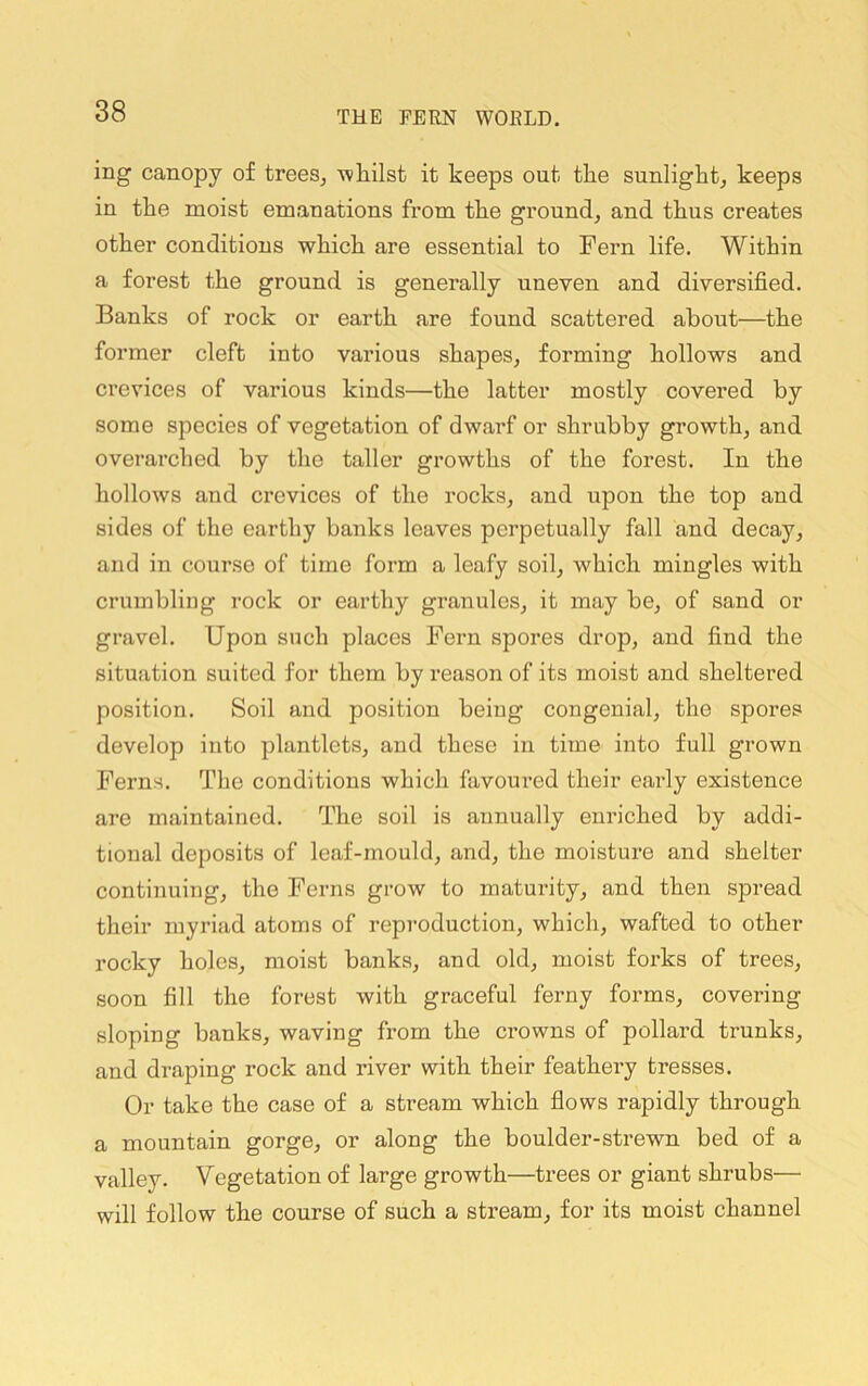 ing canopy of trees^ whilst it keeps out the sunlight^ keeps in the moist emanations from the ground, and thus creates other conditions which are essential to Fern life. Within a forest the ground is generally uneven and diversified. Banks of rock or earth are found scattered about—the former cleft into various shapes, forming hollows and crevices of various kinds—the latter mostly covered by some species of vegetation of dwarf or shrubby growth, and overarched by the taller growths of the forest. In the hollows and crevices of the rocks, and upon the top and sides of the earthy banks leaves perpetually fall and decay, and in course of time form a leafy soil, which mingles with crumbling rock or earthy granules, it may be, of sand or gravel. Upon such places Fern spores drop, and find the situation suited for them by reason of its moist and sheltered position. Soil and position being congenial, the spoi’es develop into plantlets, and these in time into full grown Ferns. The conditions which favoured their early existence are maintained. The soil is annually enriched by addi- tional deposits of leaf-mould, and, the moisture and shelter continuing, the Ferns grow to maturity, and then spread their myriad atoms of reproduction, which, wafted to other rocky holes, moist banks, and old, :noist foi’ks of trees, soon fill the forest with graceful ferny forms, covering sloping banks, waving from the crowns of pollard trunks, and draping rock and river with their feathery tresses. Or take the case of a stream which flows rapidly through a mountain gorge, or along the boulder-strewn bed of a valley. Vegetation of large growth—trees or giant shrubs— will follow the course of such a stream, for its moist channel