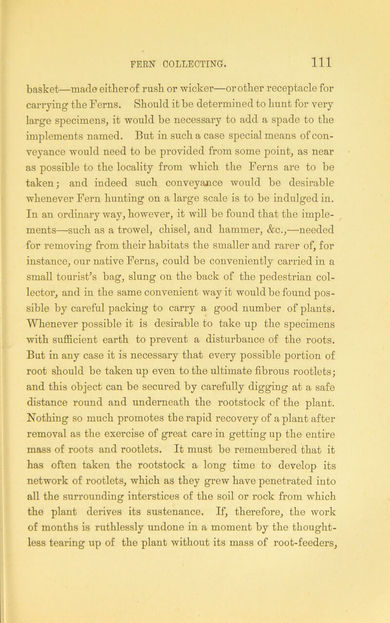 basket—made eitberof rusk or wicker—orotlier receptacle for carrying the Ferns. Should it be determined to hunt for very large specimens, it would be necessary to add a spade to the implements named. But in such a case special means of con- veyance would need to be provided from some point, as near as possible to the locality from which the Ferns are to be taken j and indeed such conveyance would be desirable whenever Fern hunting on a lai’ge scale is to be indulged in. In an ordinary way, however, it will be found that the imple- ments—such as a trowel, chisel, and hammer, &c.,—needed for removing from their habitats the smaller and rarer of, for instance, our native Ferns, could be conveniently carried in a small tourist’s bag, slung on the back of the pedestrian col- lector, and in the same convenient way it would be found pos- sible by careful packing to carry a good number of plants. Whenever possible it is desirable to take up the specimens with sufficient earth to prevent a disturbance of the roots. But in any case it is necessary that every possible portion of root should be taken up even to the ultimate fibrous rootlets; and this object can be secured by carefully digging at a safe distance round and underneath the rootstock of the plant. Nothing so much promotes the rapid recovery of a plant after removal as the exercise of great care in getting up the entire mass of roots and rootlets. It must be remembered that it has often taken the rootstock a long time to develop its network of rootlets, which as they grew have penetrated into all the surrounding interstices of the soil or rock from which the plant derives its sustenance. If, therefore, the work of months is ruthlessly undone in a moment by the thought- less tearing up of the plant without its mass of root-feeders.