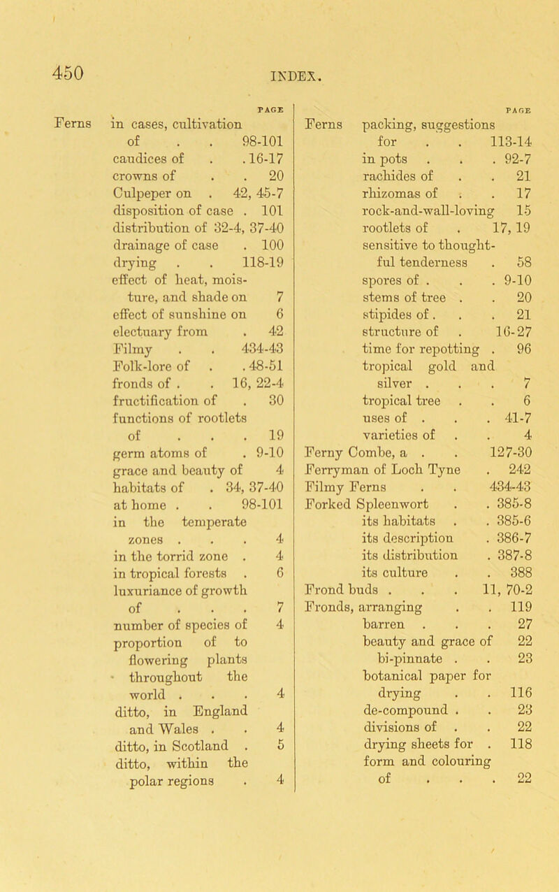 I 450 IKDEX. PAGE Ferns in cases, cultivation of . . 98-101 caudices of . .16-17 crowns of . . 20 Culpeper on . 42,45-7 disposition of case . 101 distribution of 32-4, 37-40 drainage of case . 100 drying . . 118-19 effect of beat, mois- ture, and shade on 7 effect of sunsliine on 6 electuary from . 42 Filmy . . 4'34-43 Follc-lore of . . 4-8-51 fronds of . . 16, 22-4 fructification of . 30 functions of rootlets of ... 19 germ atoms of .9-10 grace and beauty of 4 habitats of . 34, 37-40 at home . . 98-101 in the temperate zones ... 4 in the torrid zone . 4 in tropical forests . 6 luxuriance of growth of ... 7 number of species of 4 proportion of to flowering plants ' throughout the world ... 4 ditto, in England and Wales . . 4 ditto, in Scotland . 5 ditto, within the polar regions . 4 PAGE Ferns packing, suggestions for 113-14 in pots . 92-7 rachides of . 21 rliizomas of ; . 17 rock-and-wall-loving 15 rootlets of 17,19 sensitive to thought- ful tenderness . 58 spores of . . 9-10 stems of tree . . 20 stipides of. . 21 structure of 16-27 time for repotting . 96 trojDical gold and silver . 7 tro23ical tree 6 uses of . . 41-7 varieties of 4 Ferny Combe, a . 127-30 Ferryman of Loch Tyne . 242 Filmy Ferns 434-43 Forked Spleenwort . 385-8 its habitats . 385-6 its descriiDtion . 386-7 its distribution . 387-8 its culture . 388 Frond buds . 11, 70-2 Fronds, aiTanging . 119 barren . 27 beauty and grace of 22 bi-pinnate . 23 botanical paper for drying . 116 de-compound . . 23 divisions of 22 drying sheets for . 118 form and colouring of . 22