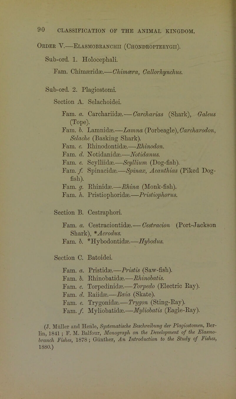 Order V.—Elasmobranchii (Chondropterygii). Sub-ord. 1. Holocepbali. Fam. Chimaeridae.—Chimcera, Callorliynclms. Sub-ord. 2. PlagiostomL Section A. Selaclioidei. Fam. a. Carchariidae.—Carcharias (Shark), Galeus ^ (Tope). Fam. b. Lanmidae.—Lamna (Porbeagle), Carcharodon, Selache (Basking Shark). Fam. c. Bliinodontidae.—Bhinodon. Fam. d, Notidanidae.—Notidanus. Fam. e. Scylliidae.—Scyllium (Dog-fish). Fam. /. Spinacidas.—Spinax, Acanthias (Piked Dog- fish). Fam. g. Pihinidae.—Bhina (Monk-fish). Fam. h. Pristiophoridae.—Pristiophorus. Section B. Cestraphori. Fam. a. Cestraciontidae.— Ccstracion (Port-Jackson Shark), *Acrodv.s. Fam. b. *Hybodontidae.—Hybodus. Section C. Batoidei. Fam. a. Pristidae.—Pristis (Saw-fish). Fam. b. PJiinobatidae.—Bliinobatis. Fam. c. Torpedinidae.—Torpedo (Electric Bay). Fam. d. Baiidae.—Baia (Skate). Fam. e. Trygonidee.—Trygon (Sting-Bay). Fam. /. Myliobatidae.—Myliobatis (Eagle-Bay). (J. Muller and Henle, Systematische Beschreibung der Plagiostomen, Ber- lin, 1841 ; F. M. Balfour, Monograph on the Development of the Elasmo- branch Fishes, 1878 ; Gunther, An Introduction to the Study of Fishes, 1880.)