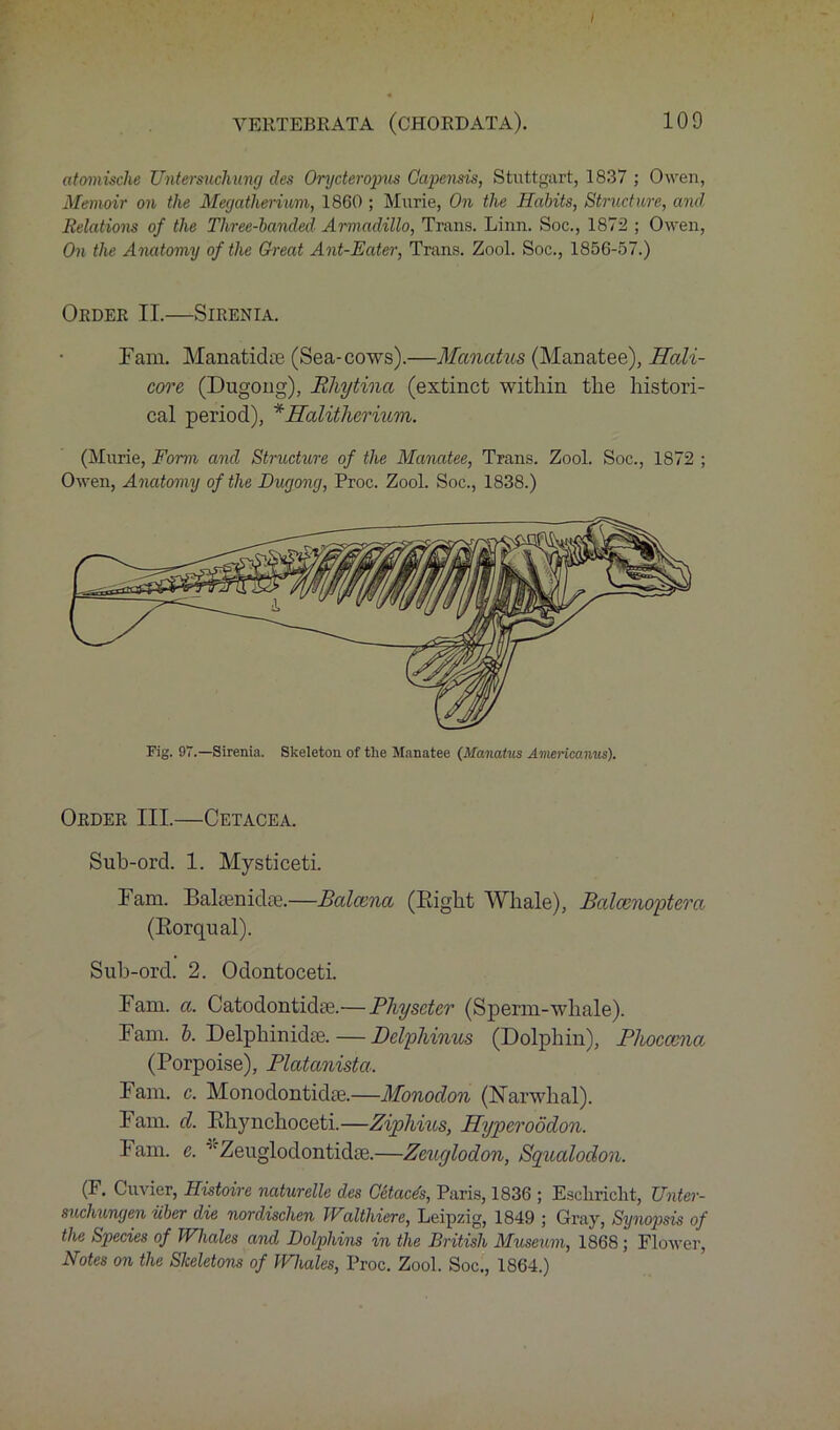 atoviische Untersuchung des Orycteropus Gapensis, Stuttgart, 1837 ; Owen, Memoir on the Megatherium, 1860 ; Murie, On the Habits, Structure, and Relations of the Three-banded Armadillo, Trans. Linn. Soc., 1872 ; Owen, On the Anatomy of the Great Ant-Eater, Trans. Zool. Soc., 1856-57.) ORDER II. SlRENlA. Fain. ManatidiB (Sea-cows).—Manatus (Manatee), Hali- core, (Dugong), Rhytina (extinct within the histori- cal period), *Halitlicrium. (Murie, Form and Structure of the Manatee, Trans. Zool. Soc., 1872 ; Owen, Anatomy of the Dugong, Proc. Zool. Soc., 1838.) Fig. 97.—Sirenia. Skeleton of the Manatee (Manatus Americanus). Order III.—Cetacea. Sub-ord. 1. Mysticeti. Fam. Bakenidte.—Balcena (Right Whale), Balcenoptera (Rorqual). Sub-ord. 2. Odontoceti. Fam. a. Catodontidae.— Physcter (Sperm-whale). Fam. h. Delpkinidse. — Delphinus (Dolphin), Plwcocna (Porpoise), Platanista. Fam. c. Monodontidae.—Monodon (Narwhal), lam. d. Rhynchoceti.—Ziphms, Hypcroodon. Fam. e.  Zeuglodontidte.—Zmglodon, Sqiicdodon. (F. Cuvier, Histoire naturelle des Cetaces, Paris, 1836 ; Eschriclit, Unter- suchungen iiber die norclischen Waltliiere, Leipzig, 1849 ; Gray, Synopsis of the Species of Whales and Dolphins in the British Museum, 1868; Flower, Notes on the Skeletons of Whales, Proc. Zool. Soc., 1864.)