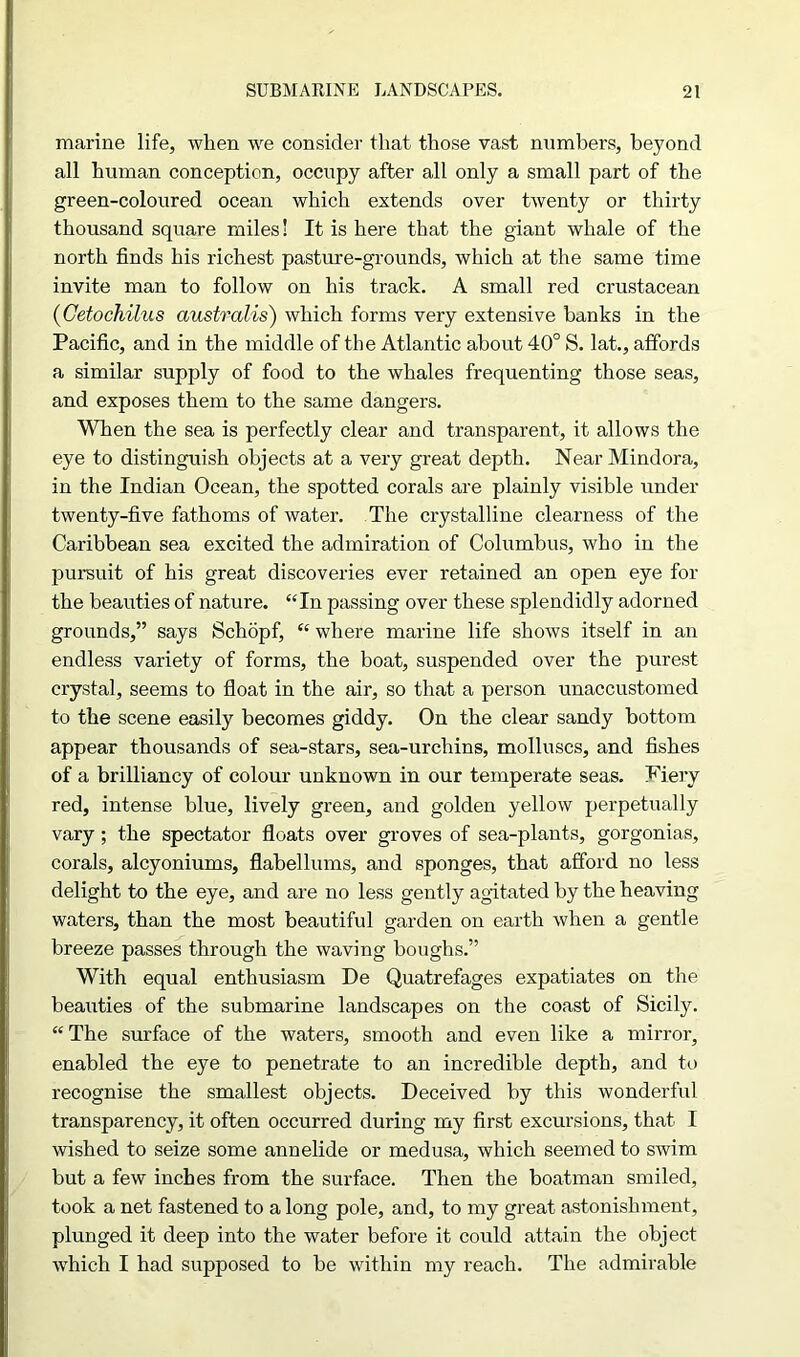 marine life, when we consider that those vast numbers, beyond all human conception, occupy after all only a small part of the green-coloured ocean which extends over twenty or thirty thousand square miles! It is here that the giant whale of the north finds his richest pasture-grounds, which at the same time invite man to follow on his track. A small red crustacean (Cetochilus australis) which forms very extensive banks in the Pacific, and in the middle of the Atlantic about 40° S. lat., affords a similar supply of food to the whales frequenting those seas, and exposes them to the same dangers. When the sea is perfectly clear and transparent, it allows the eye to distinguish objects at a very great depth. Near Mindora, in the Indian Ocean, the spotted corals are plainly visible under twenty-five fathoms of water. The crystalline clearness of the Caribbean sea excited the admiration of Columbus, who in the pursuit of his great discoveries ever retained an open eye for the beauties of nature. “In passing over these splendidly adorned grounds,” says Schopf, “ where marine life shows itself in an endless variety of forms, the boat, suspended over the purest crystal, seems to float in the air, so that a person unaccustomed to the scene easily becomes giddy. On the clear sandy bottom appear thousands of sea-stars, sea-urchins, molluscs, and fishes of a brilliancy of colour unknown in our temperate seas. Fiery red, intense blue, lively green, and golden yellow perpetually vary; the spectator floats over groves of sea-plants, gorgonias, corals, alcyoniums, flabellums, and sponges, that afford no less delight to the eye, and are no less gently agitated by the heaving waters, than the most beautiful garden on earth when a gentle breeze passes through the waving boughs.” With equal enthusiasm De Quatrefages expatiates on the beauties of the submarine landscapes on the coast of Sicily. “ The surface of the waters, smooth and even like a mirror, enabled the eye to penetrate to an incredible depth, and to recognise the smallest objects. Deceived by this wonderful transparency, it often occurred during my first excursions, that I wished to seize some annelide or medusa, which seemed to swim but a few inches from the surface. Then the boatman smiled, took a net fastened to a long pole, and, to my great astonishment, plunged it deep into the water before it could attain the object which I had supposed to be within my reach. The admirable